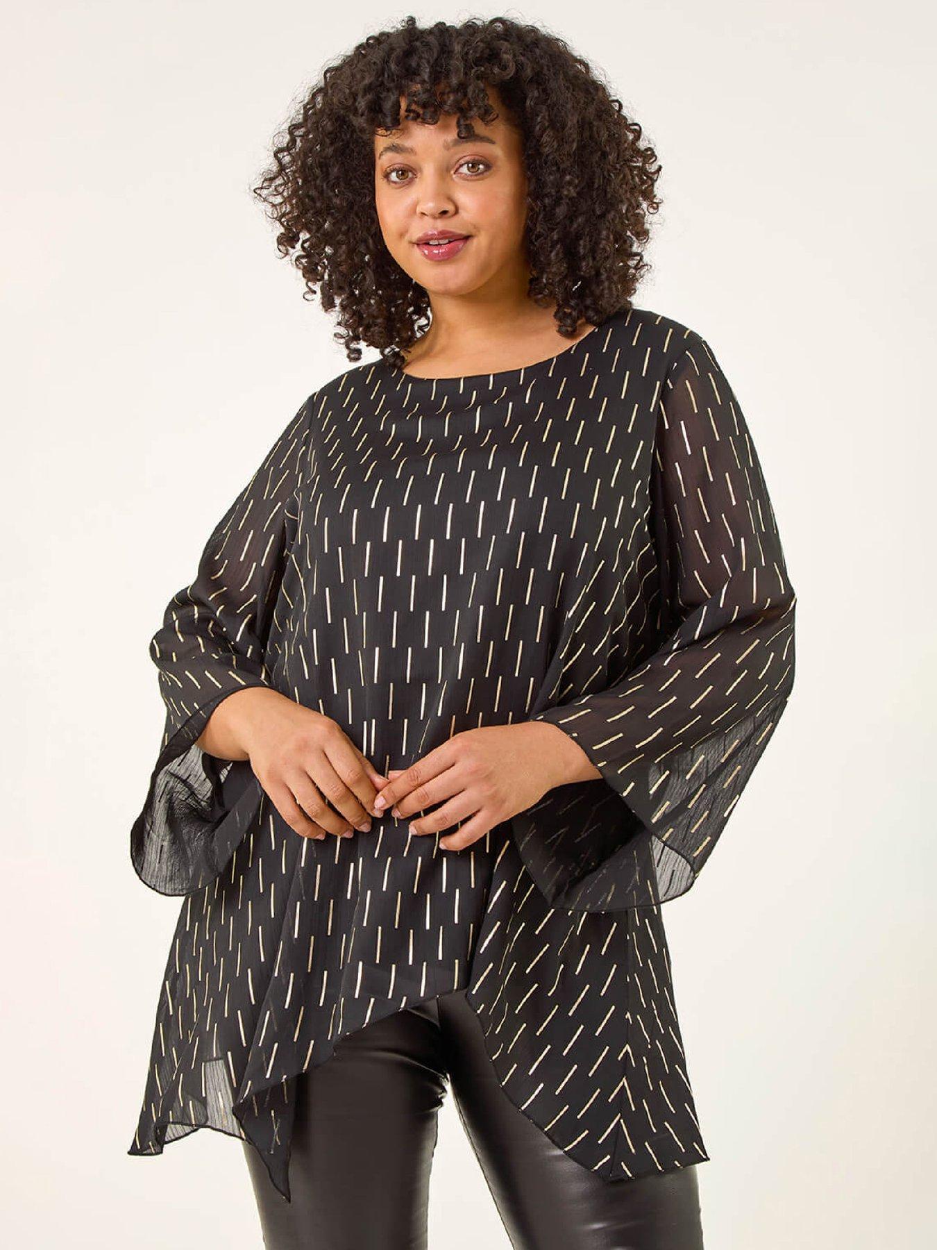 Roman Curve Chiffon Overlay Foil Top - Black