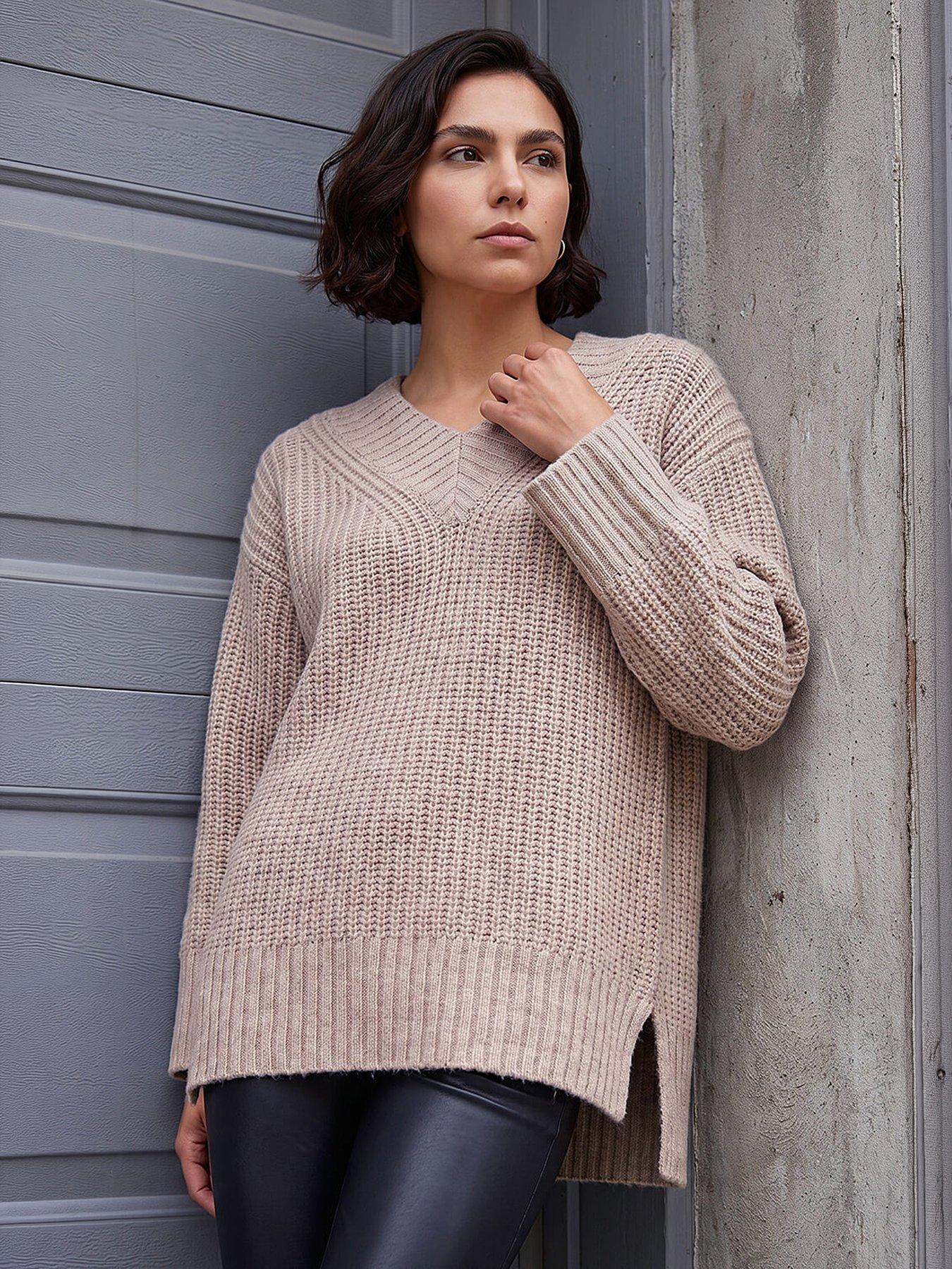 Roman Chunky V-neck Knit Jumper, Beige, Size 10, Women