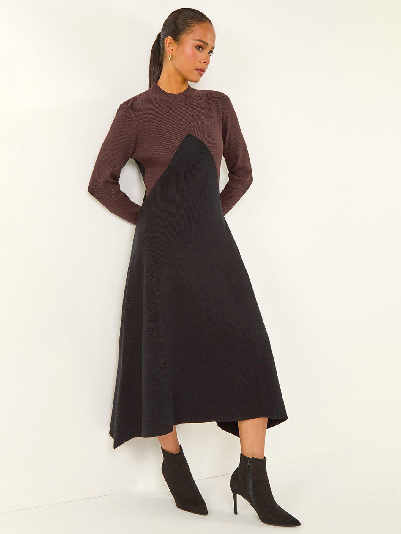 Roman Petite Contrast Knit Midi Dress - Black