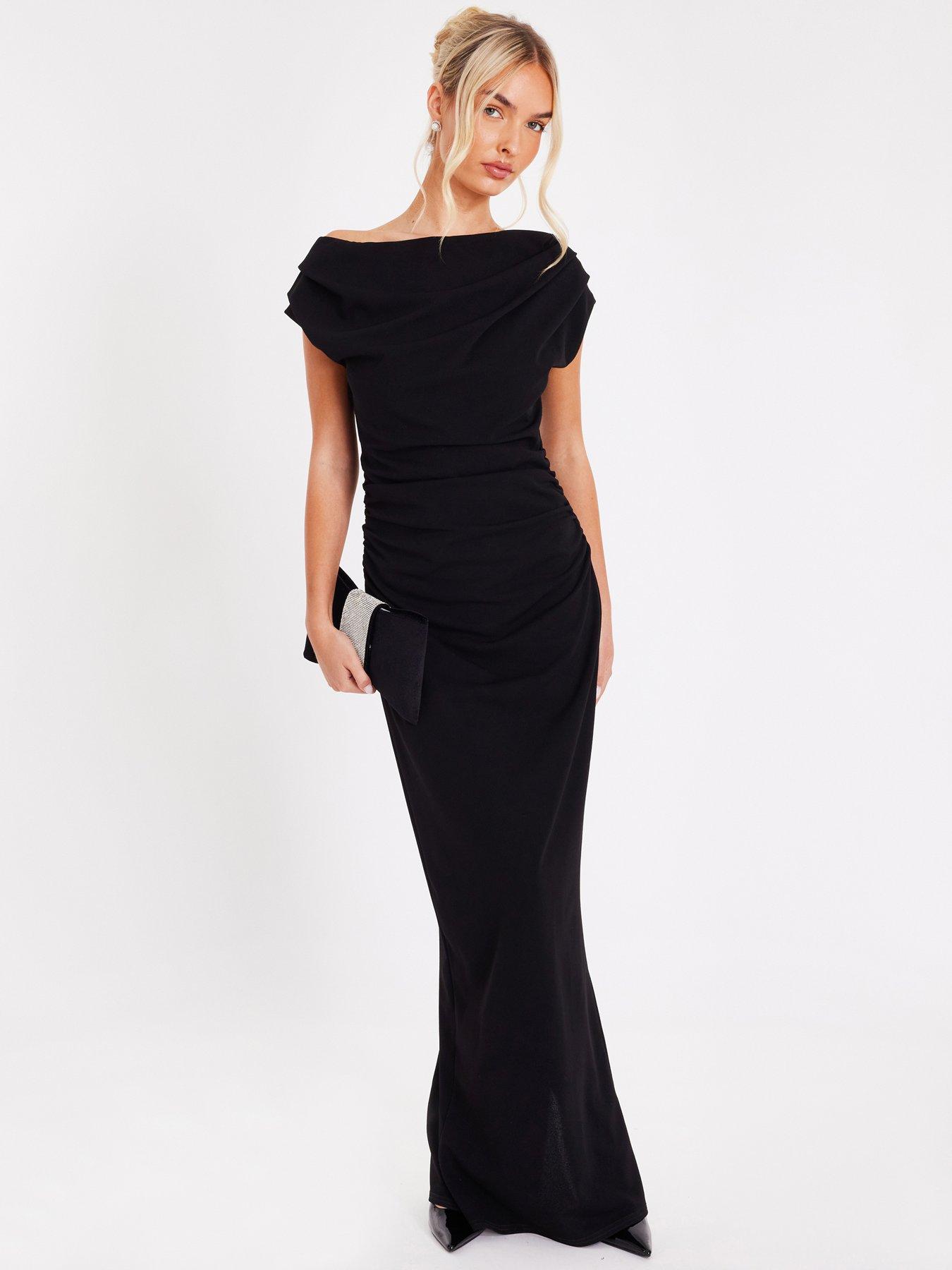 Quiz Black Asymmetric Ruched Maxi Dress