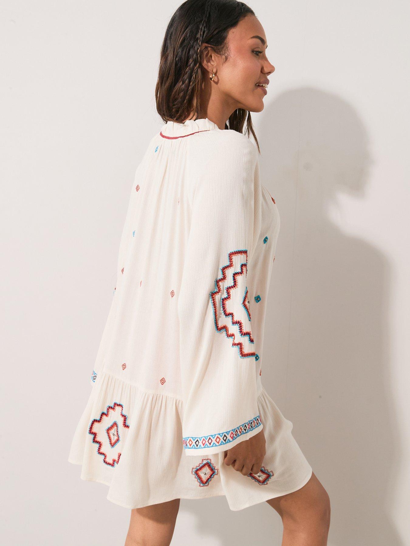 aztec beaded dress Beige Short Sleeve Mini Dress – FARM Rio main image 1