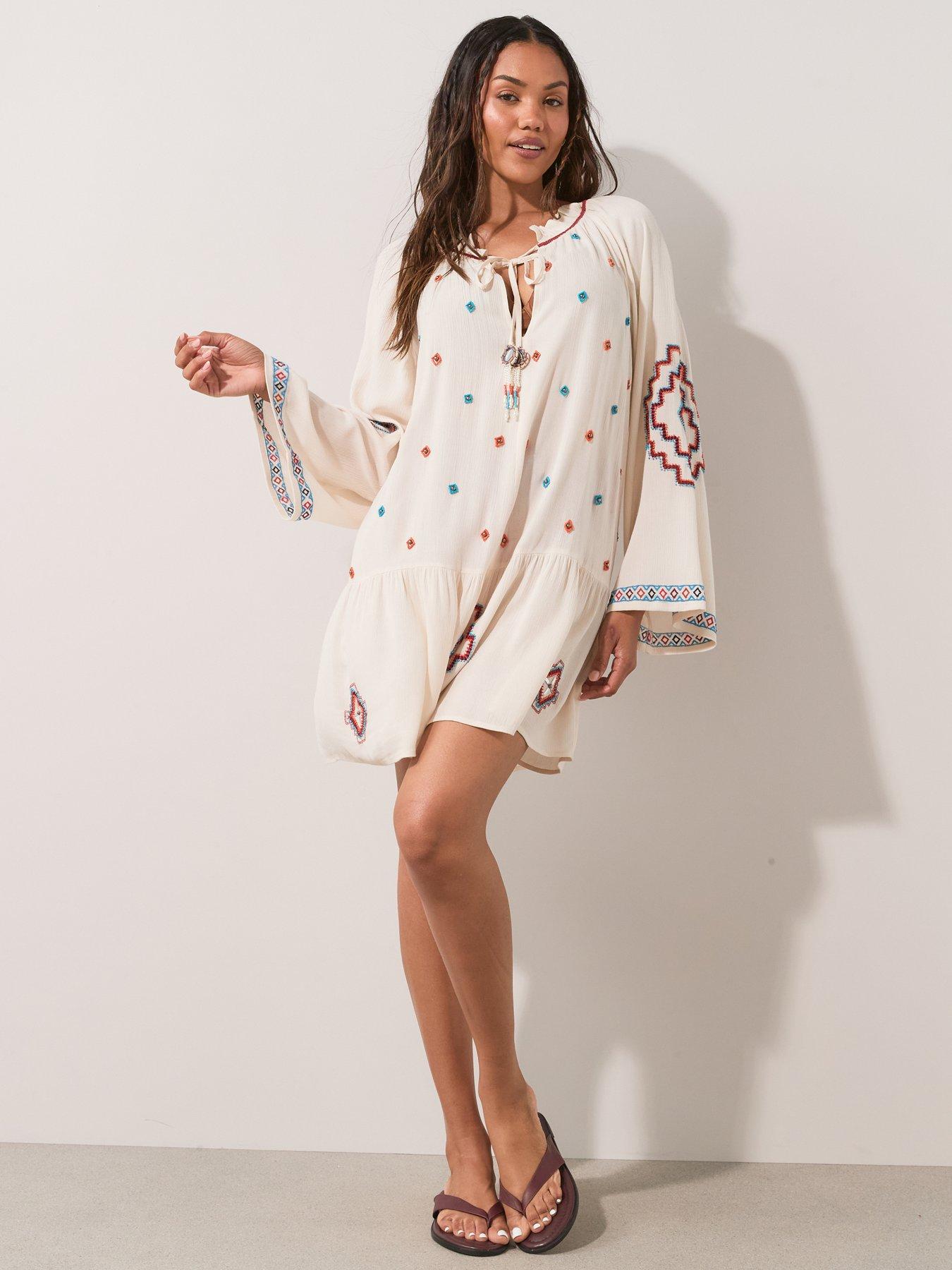 Image 4 of 7 of The Very Collection Aztec Beaded Beach Dress - Cream