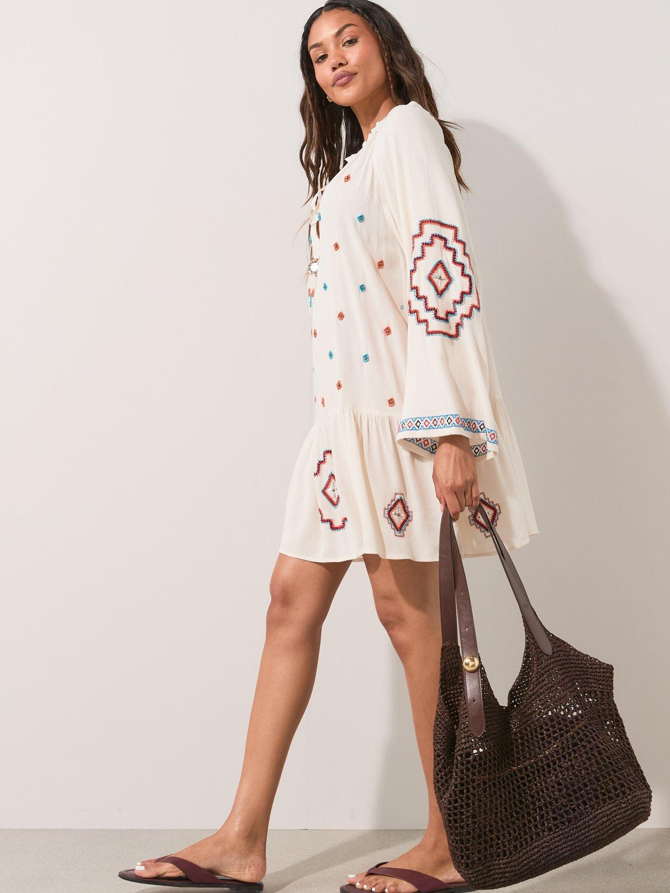 Image 6 of 7 of The Very Collection Aztec Beaded Beach Dress - Cream