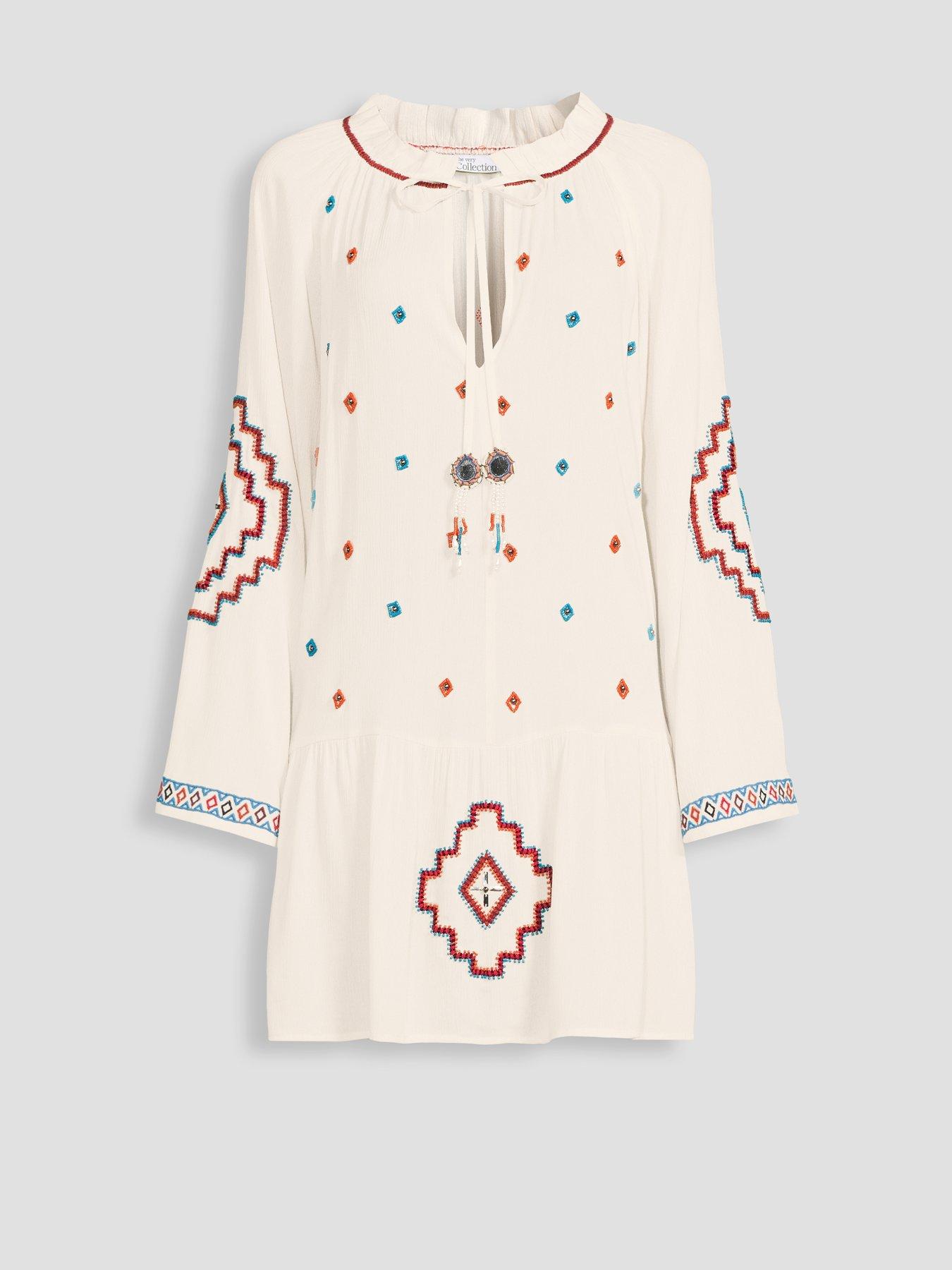 Image 7 of 7 of The Very Collection Aztec Beaded Beach Dress - Cream