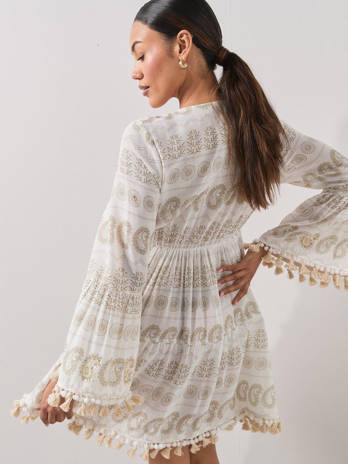 Image 2 of 7 of The Very Collection Paisley Sequin Tassel Beach Mini Dress - Cream