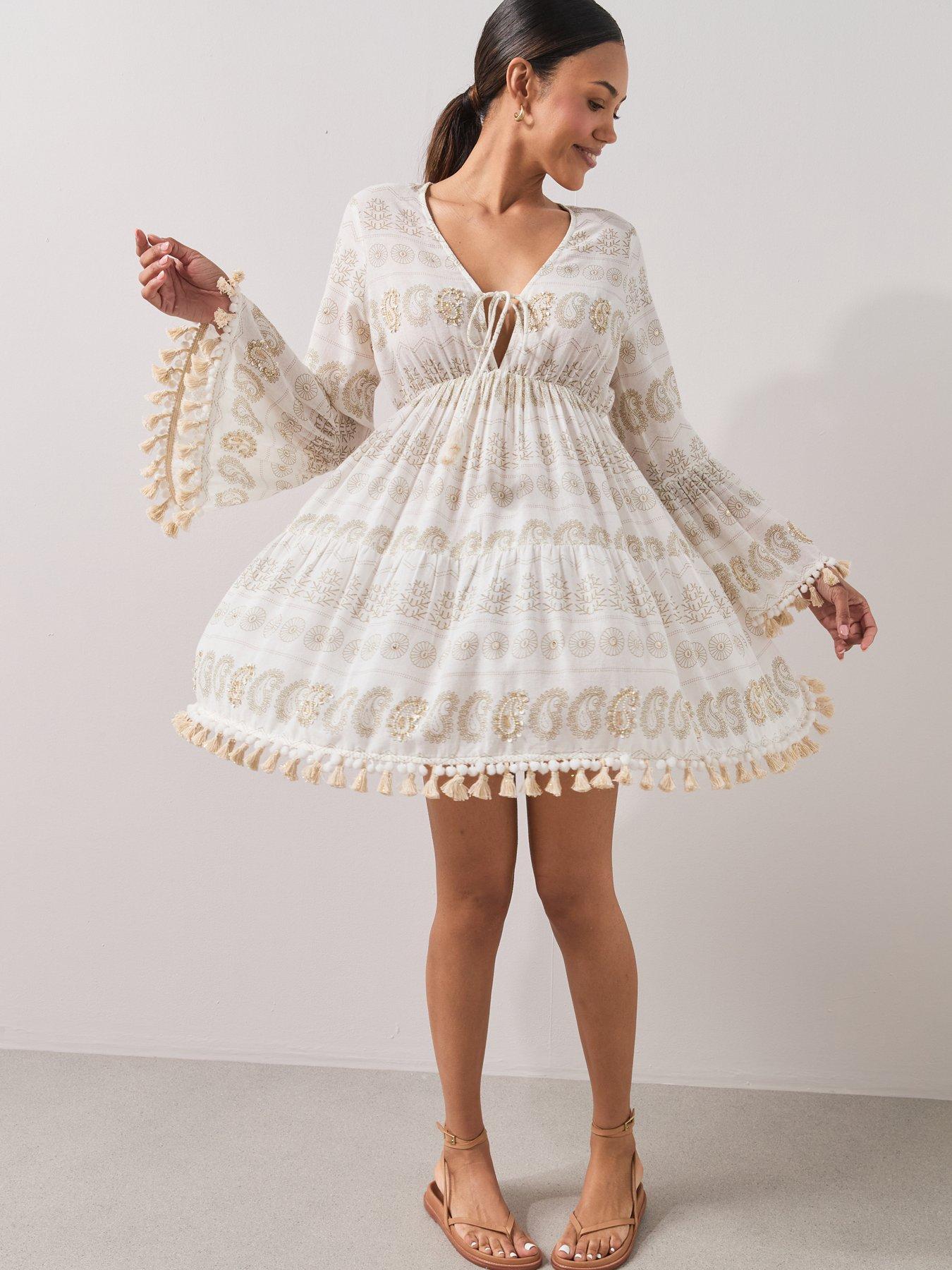 Image 3 of 7 of The Very Collection Paisley Sequin Tassel Beach Mini Dress - Cream