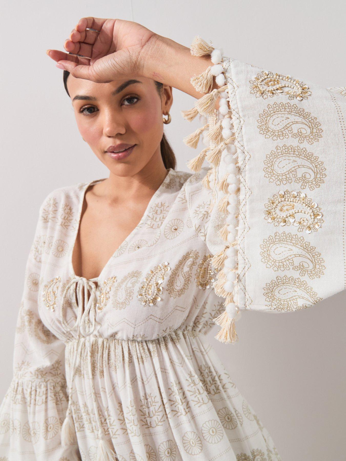 Image 4 of 7 of The Very Collection Paisley Sequin Tassel Beach Mini Dress - Cream