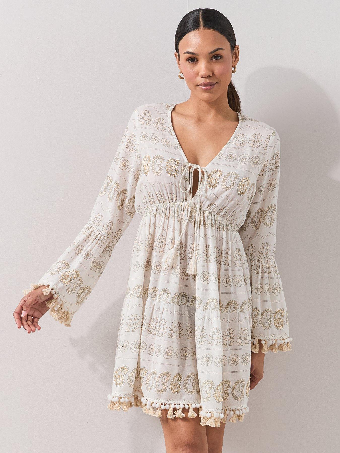 Image 5 of 7 of The Very Collection Paisley Sequin Tassel Beach Mini Dress - Cream