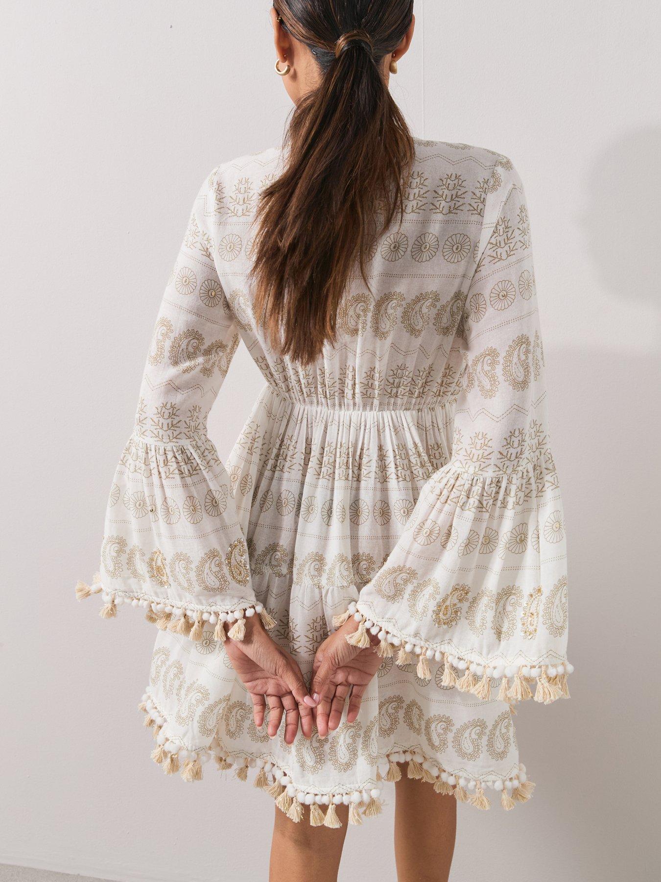 Image 6 of 7 of The Very Collection Paisley Sequin Tassel Beach Mini Dress - Cream