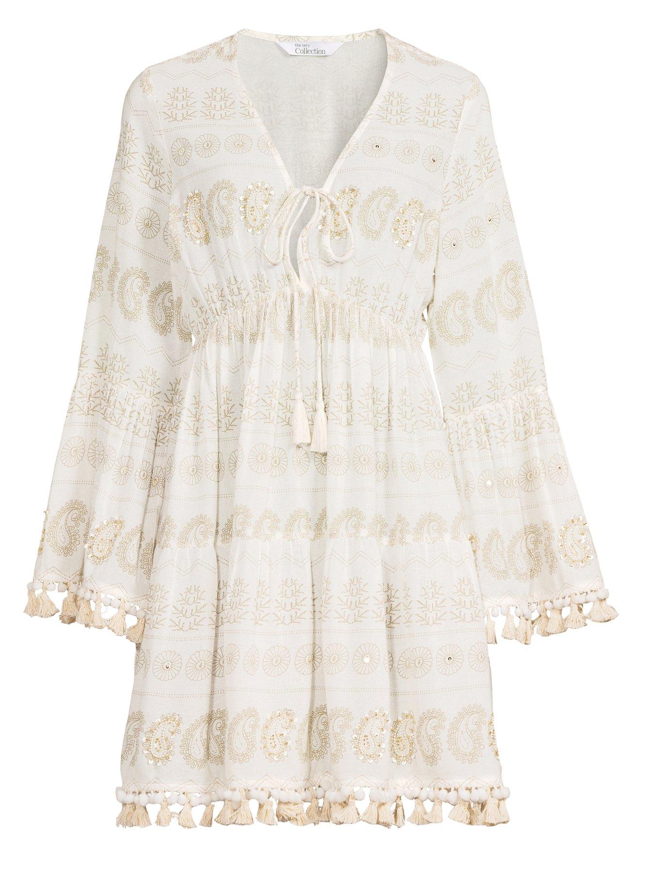 Image 7 of 7 of The Very Collection Paisley Sequin Tassel Beach Mini Dress - Cream