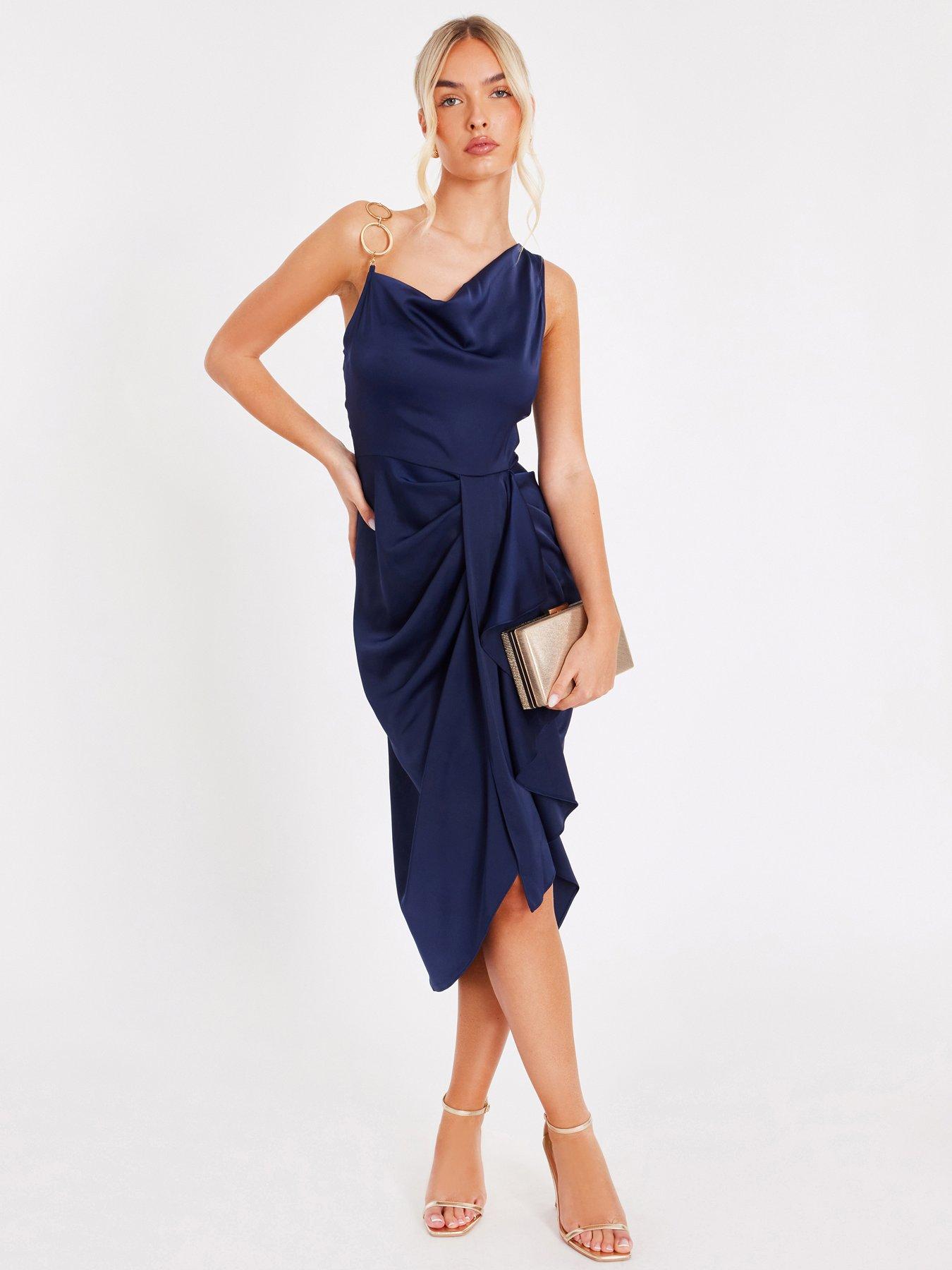 Quiz Navy Satin Ring Strap Midaxi Dress