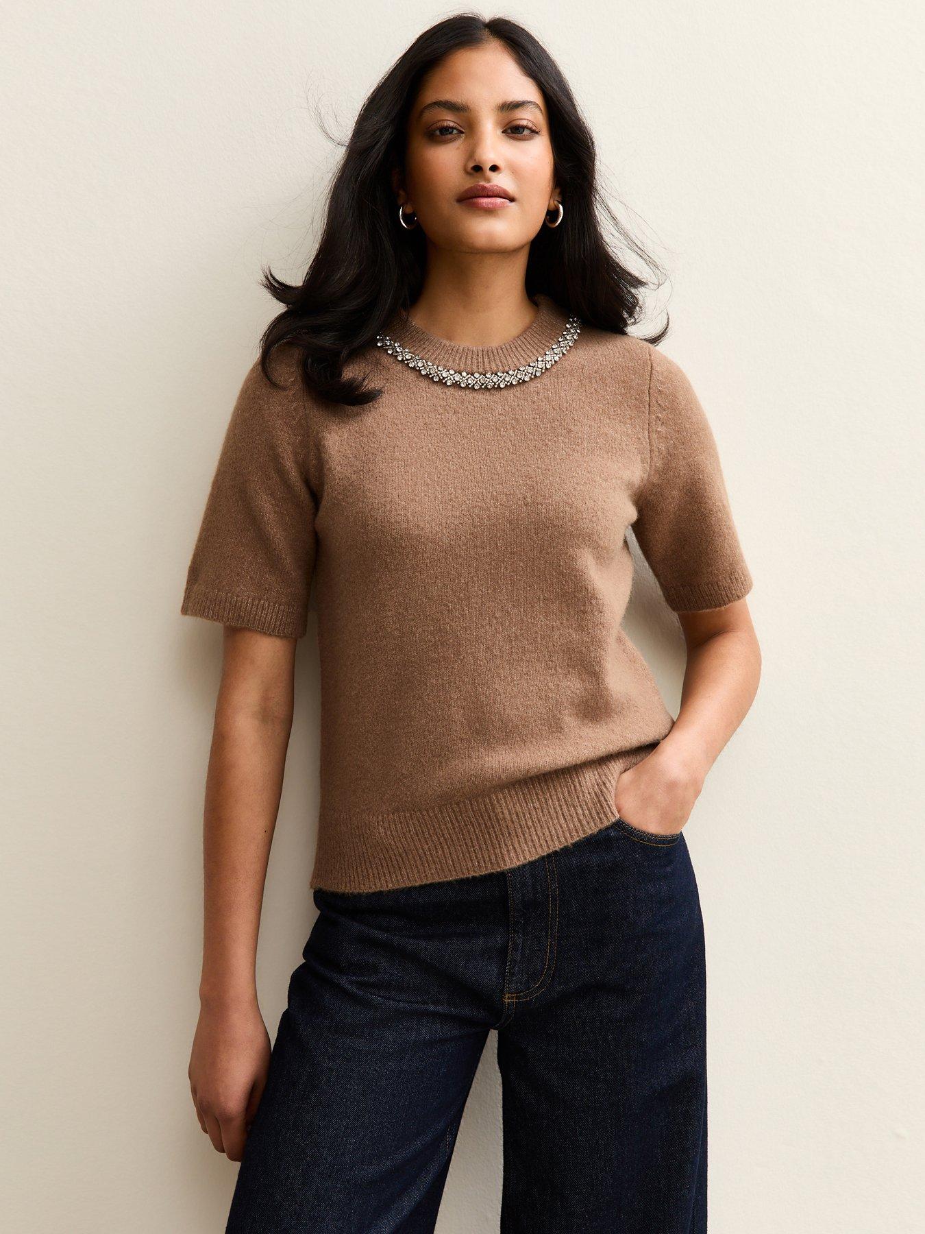 New Look Camel Embellished Neck Short Sleeve Top