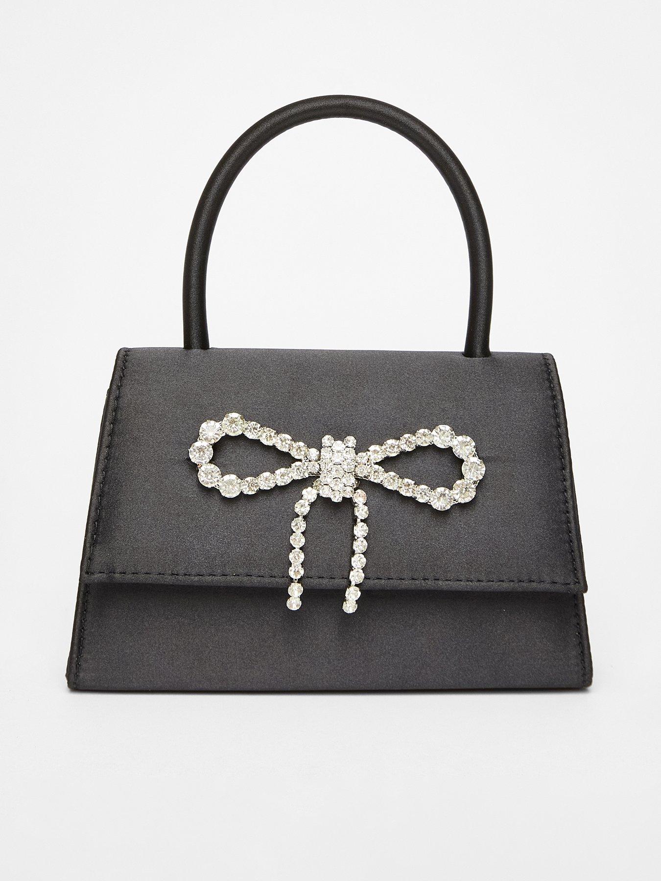 Quiz Black Diamante Bow Top Handle Bag