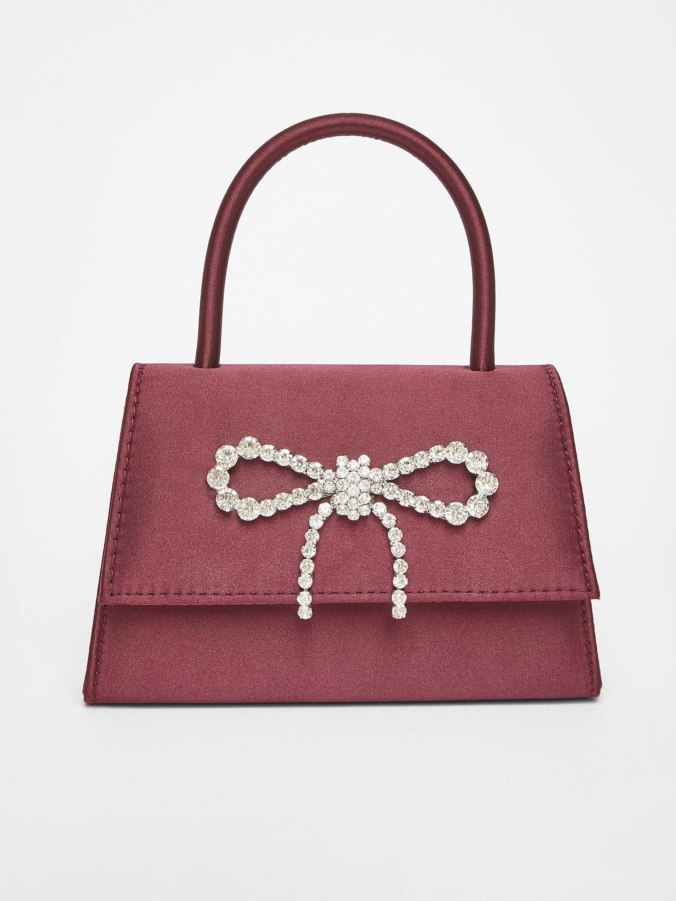 Quiz Dark Red Diamante Bow Top Handle Bag