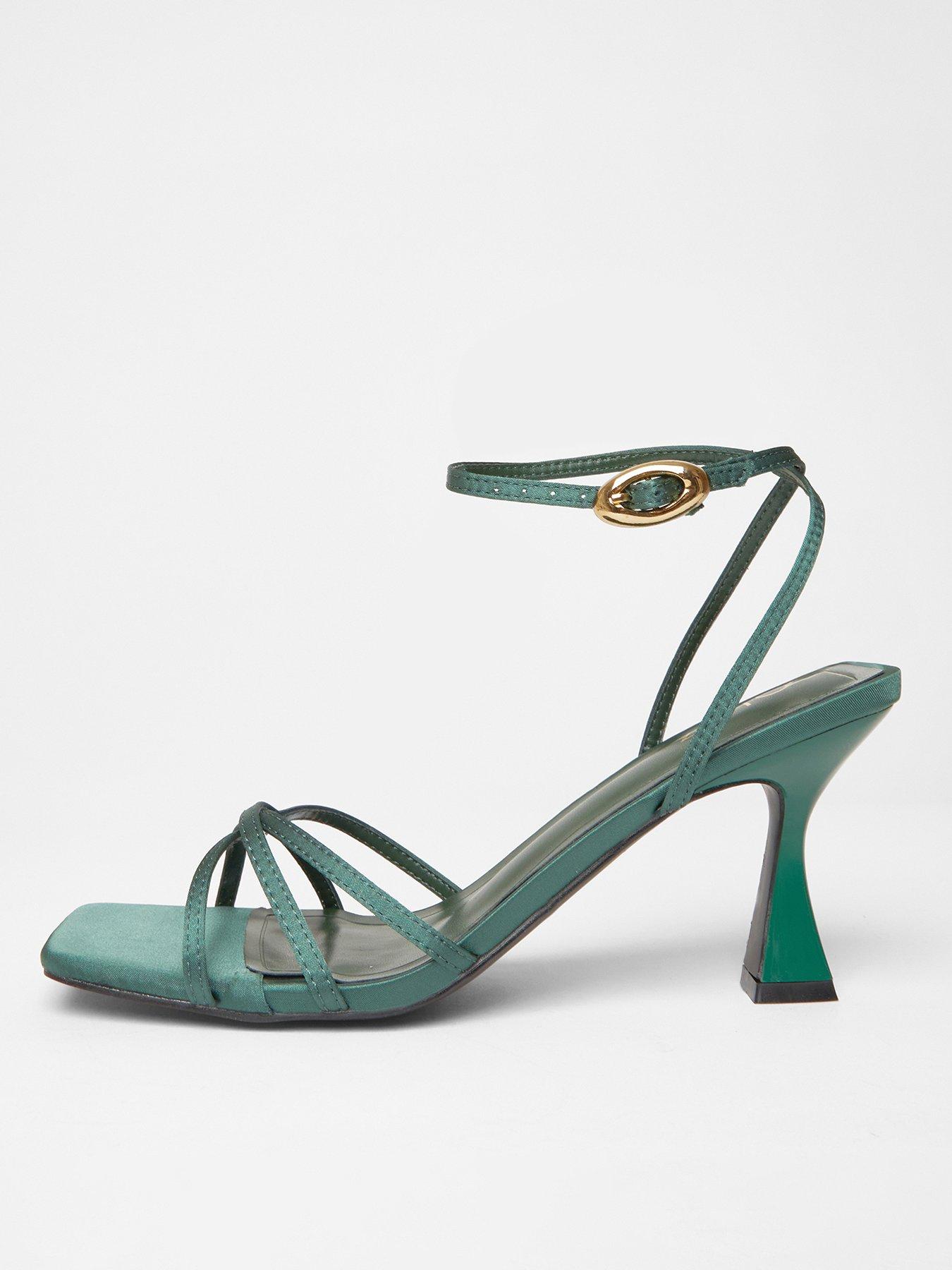 Quiz Bottle Green Satin Strappy Flared Heels