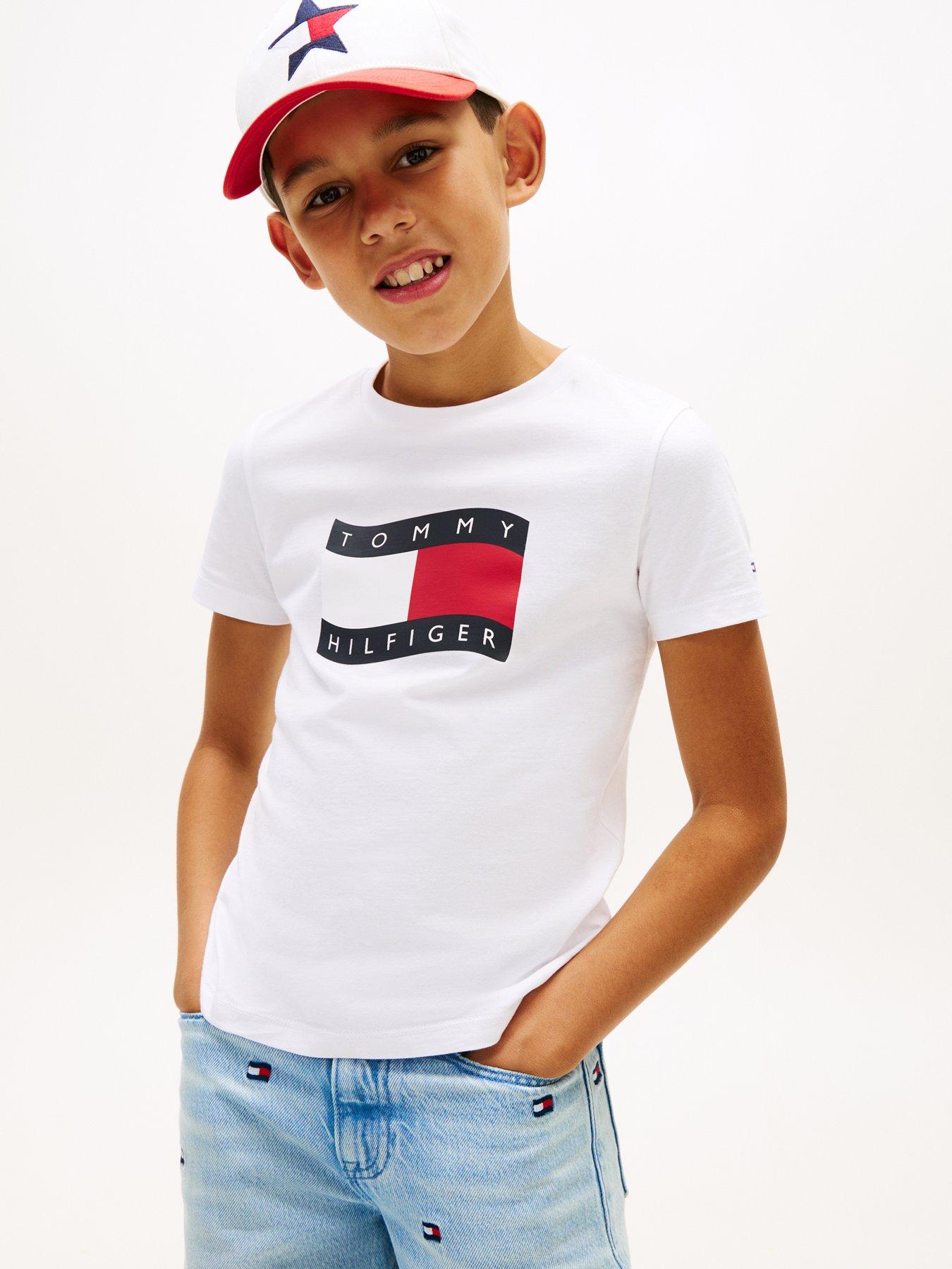 Image 1 of 5 of Tommy Hilfiger Boys Wavy Flag Short Sleeve T-Shirt - White