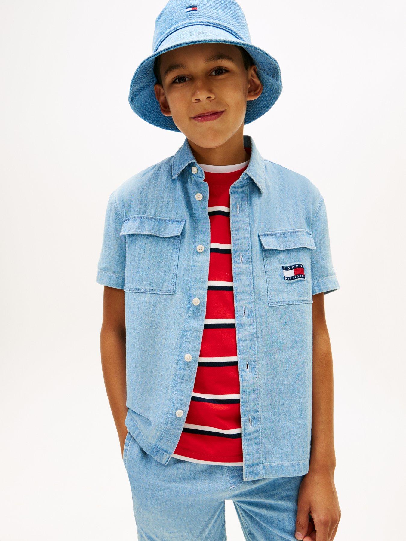 Tommy Hilfiger Boys Wavy Flag Herringbone Short Sleeve Shirt - Blue