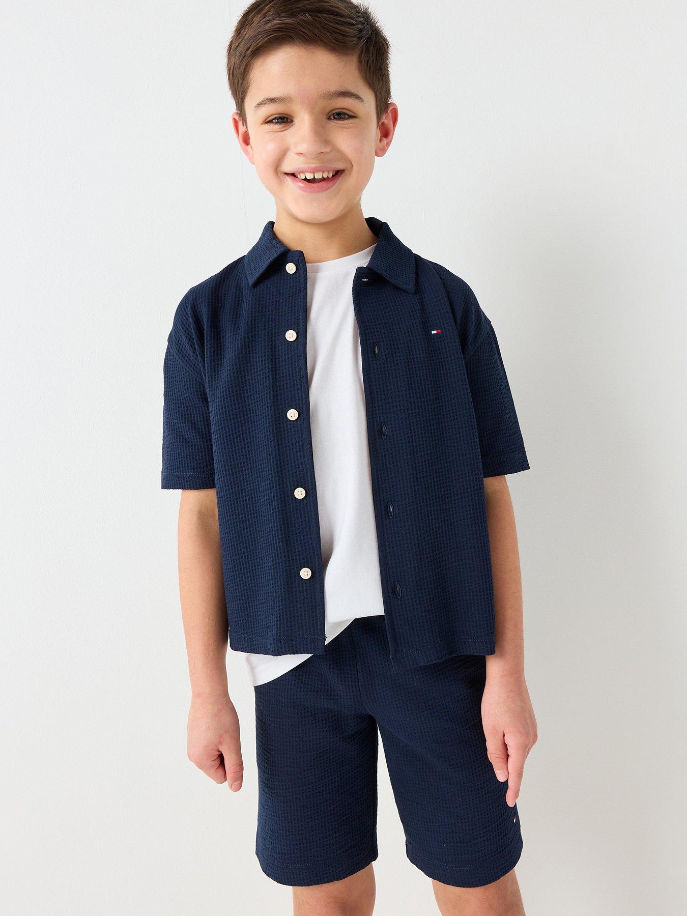 Tommy Hilfiger Boys Jersey Seersucker Short Sleeve Shirt - Navy
