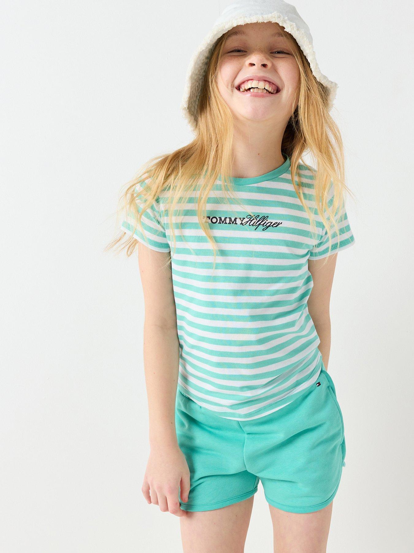 Tommy Hilfiger Girls Striped Short Sleeve T-Shirt And Short Set, Green, Size Age: 12 Years