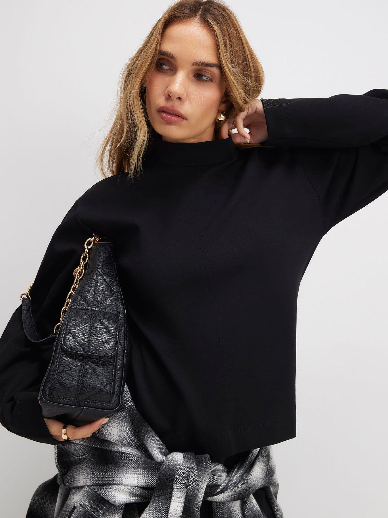 River Island Long Sleeve Interlock Funnel Neck Top - Black