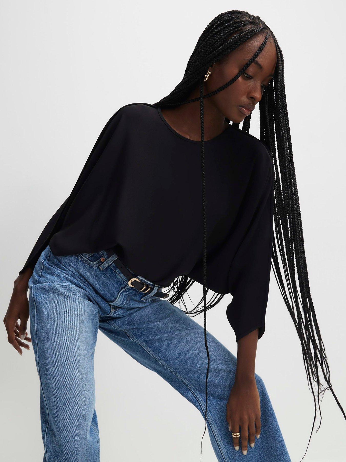 Image 1 of 4 of River Island Long Sleeve Batwing Tshirt - Black