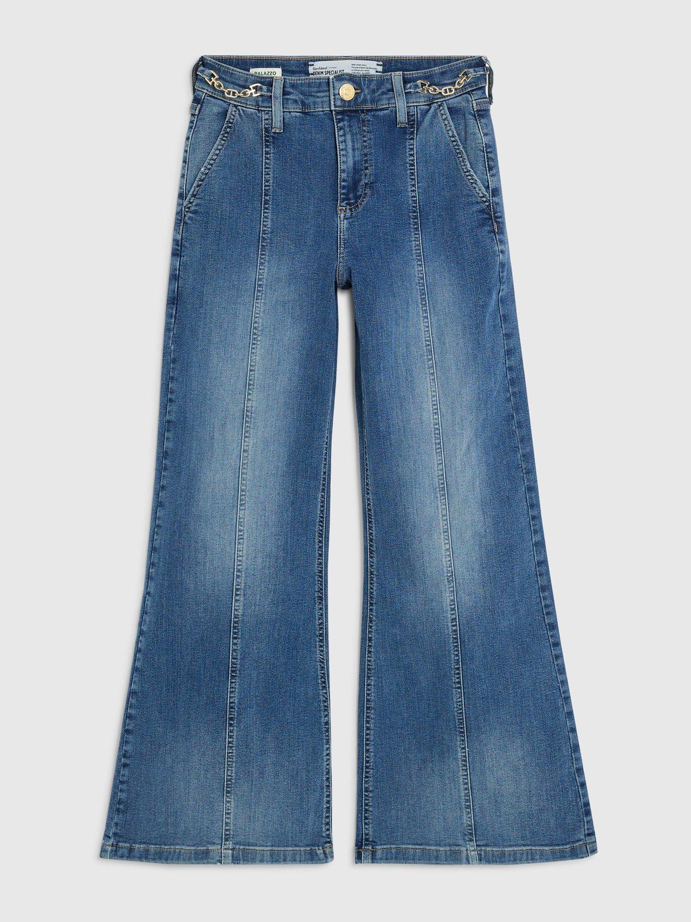 River Island Petite High Rise Wide Snaffle Flare Jeans - Blue