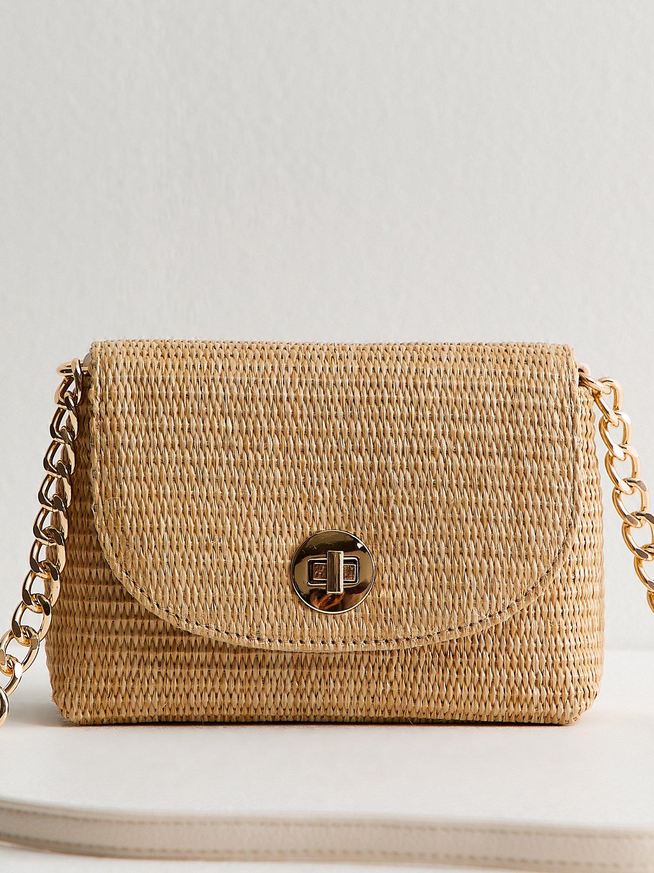 New Look: Stone Raffia Turn Lock Cross Body Bag - Beige