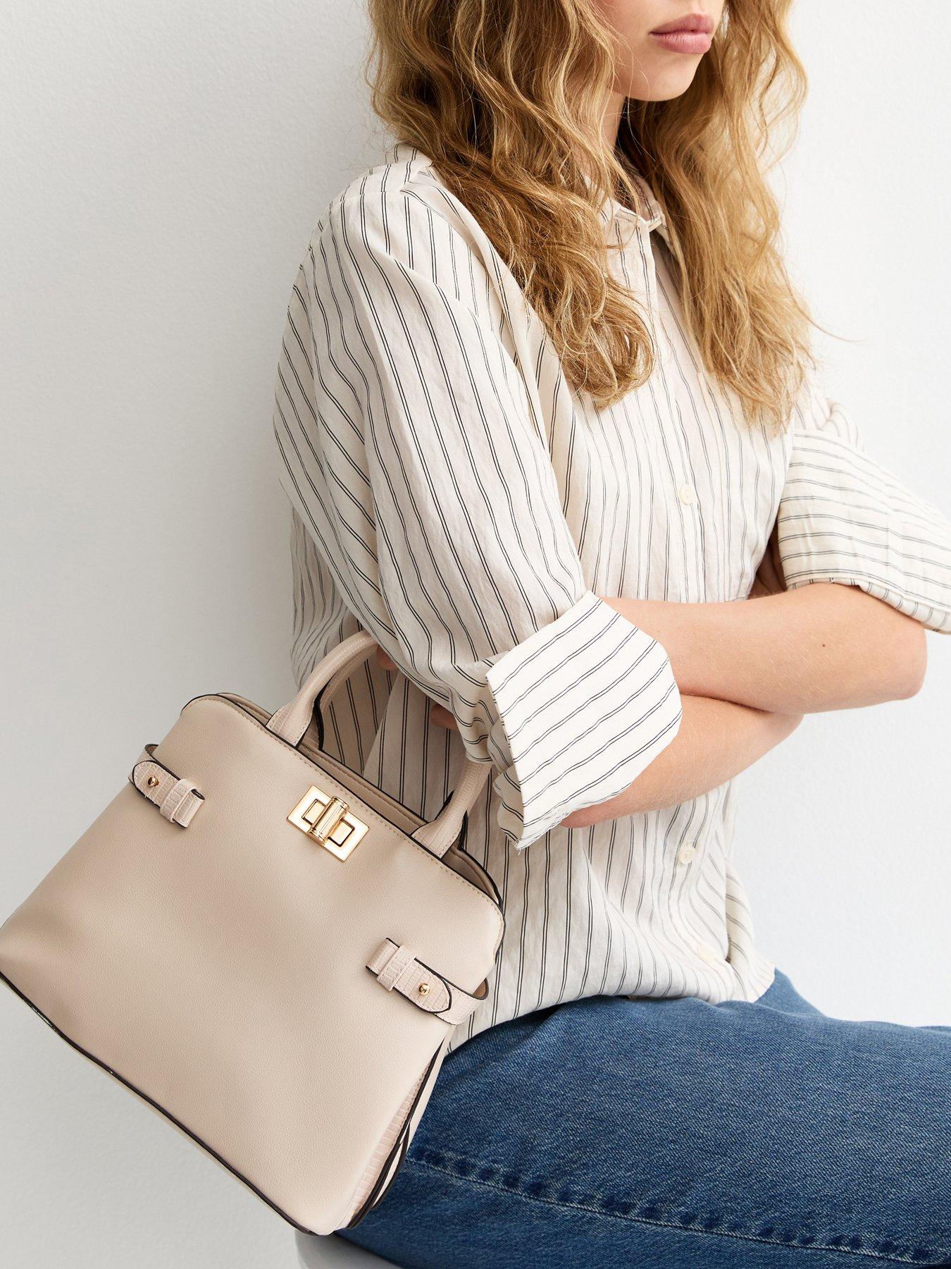 New Look Faux Leather Gusset Turn Lock Top Handle Bag - White