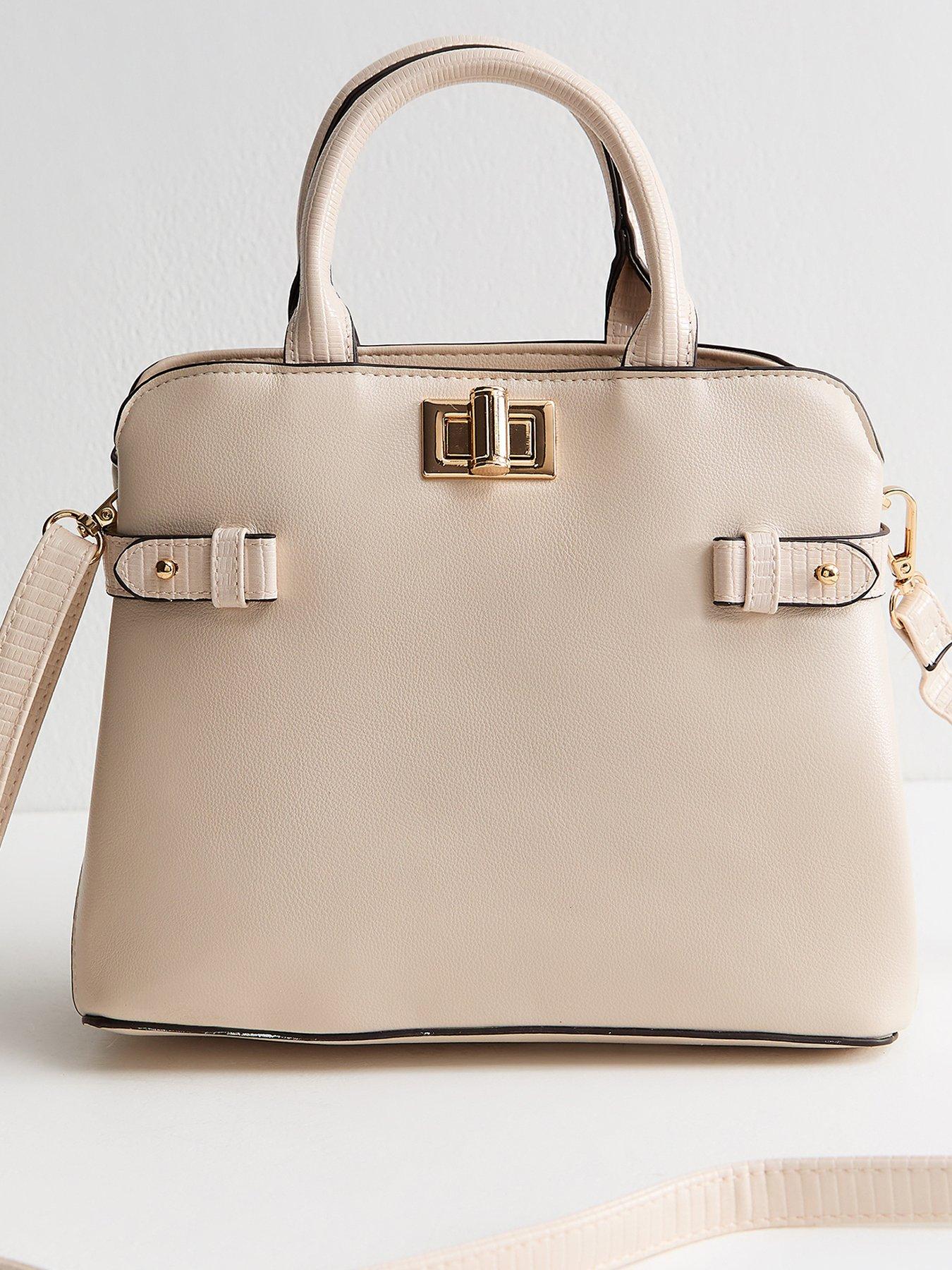 New Look Faux Leather Gusset Turn Lock Top Handle Bag - White