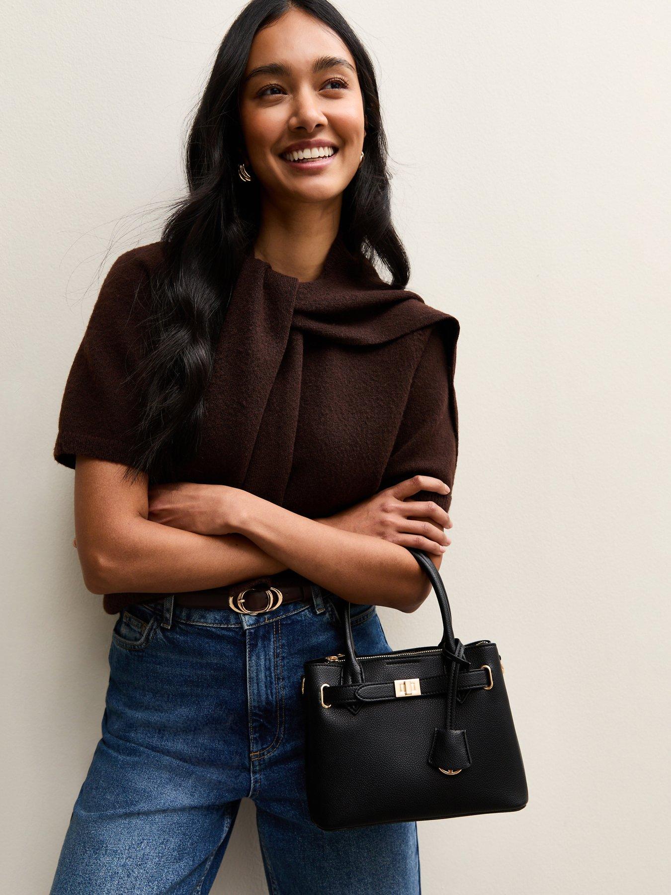 New Look Black Faux Leather Mini Triple Compartment Tote Bag