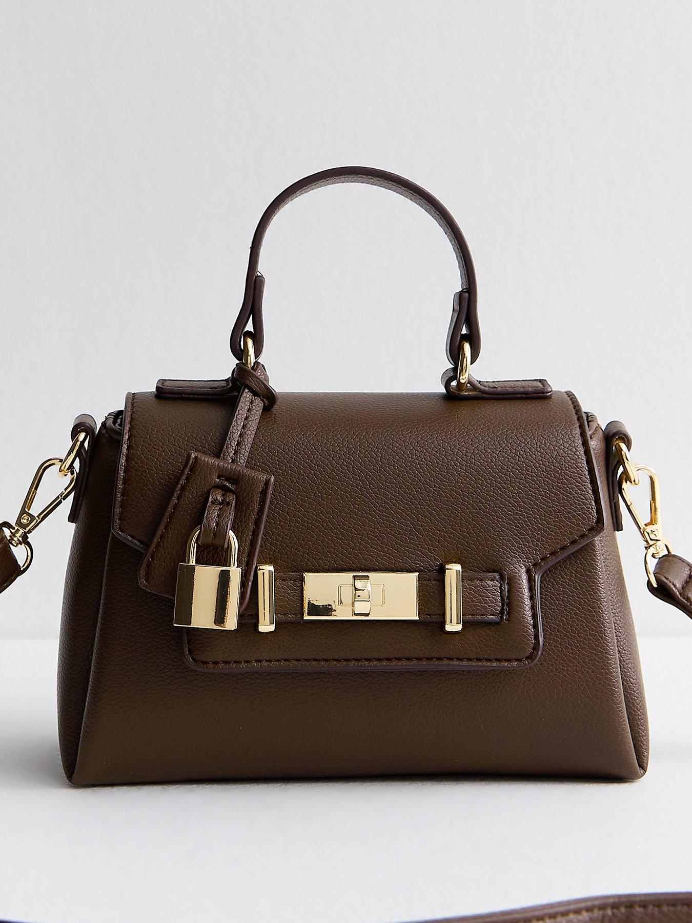Image 1 of 5 of New Look Mini Faux Leather Turn Lock Crossbody Bag - Dark Brown