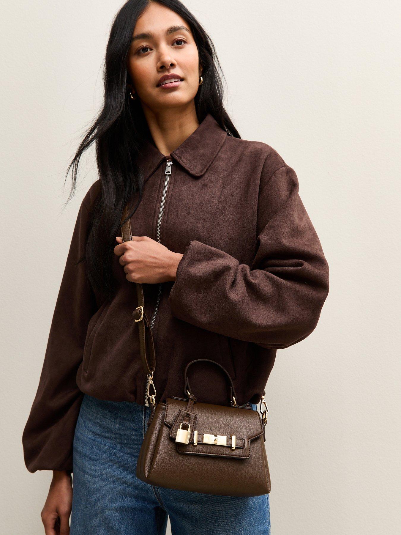 Image 2 of 5 of New Look Mini Faux Leather Turn Lock Crossbody Bag - Dark Brown