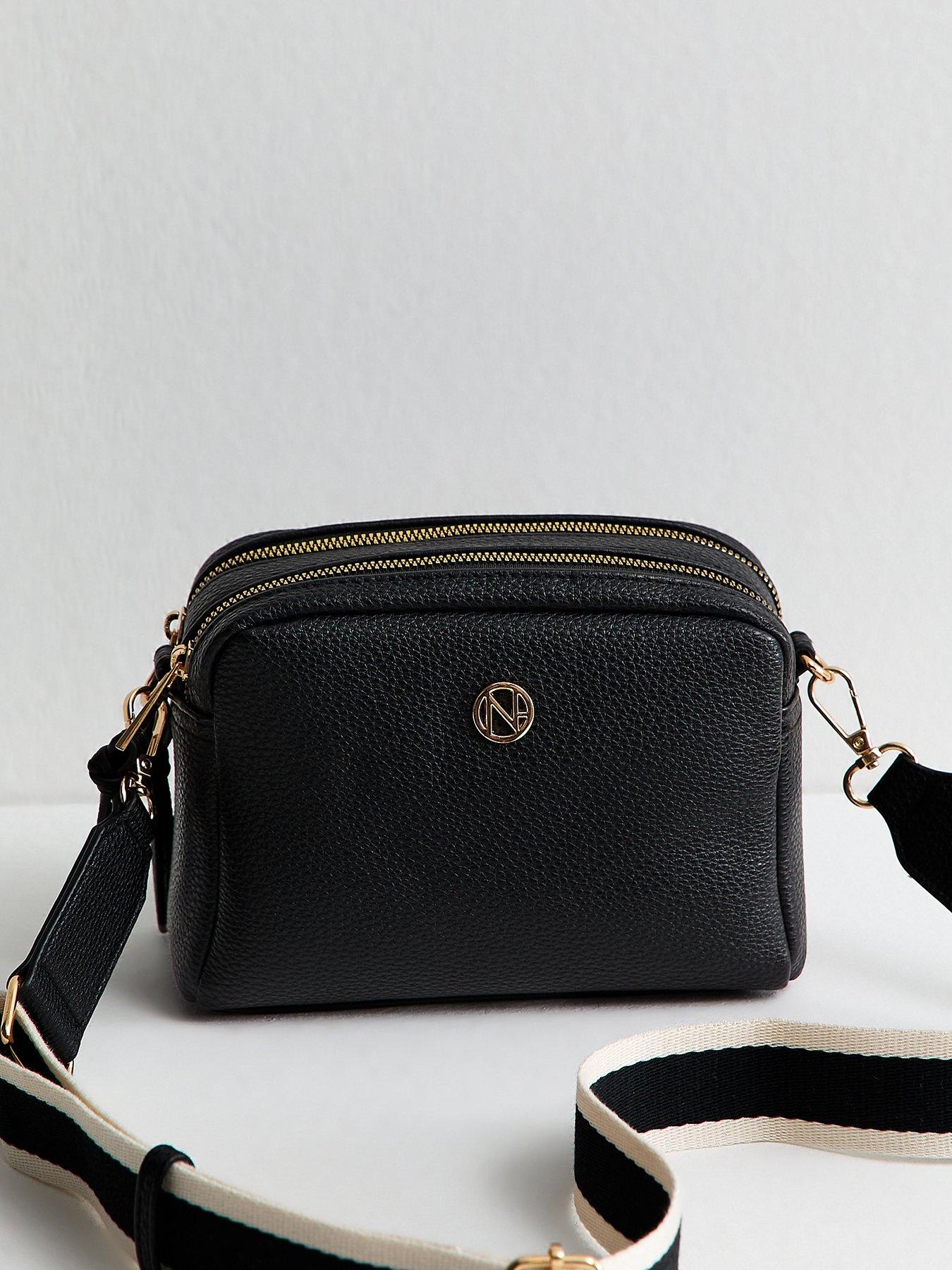 Image 1 of 5 of New Look Faux Leather Double Pocket Crossbody Bag - Black