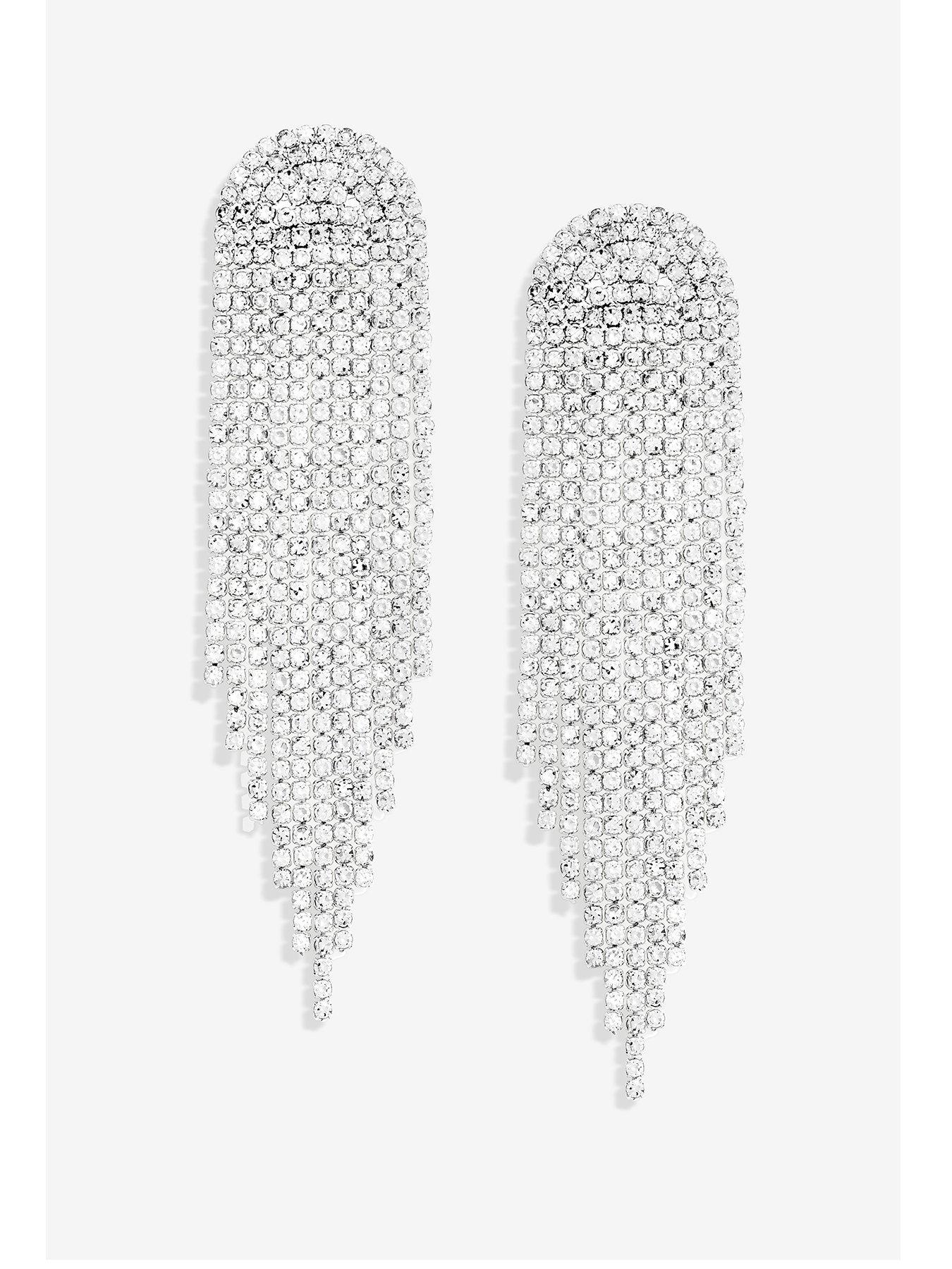 Image 1 of 4 of Mood Silver Crystal Tassel Statement Drop Earrings&nbsp;