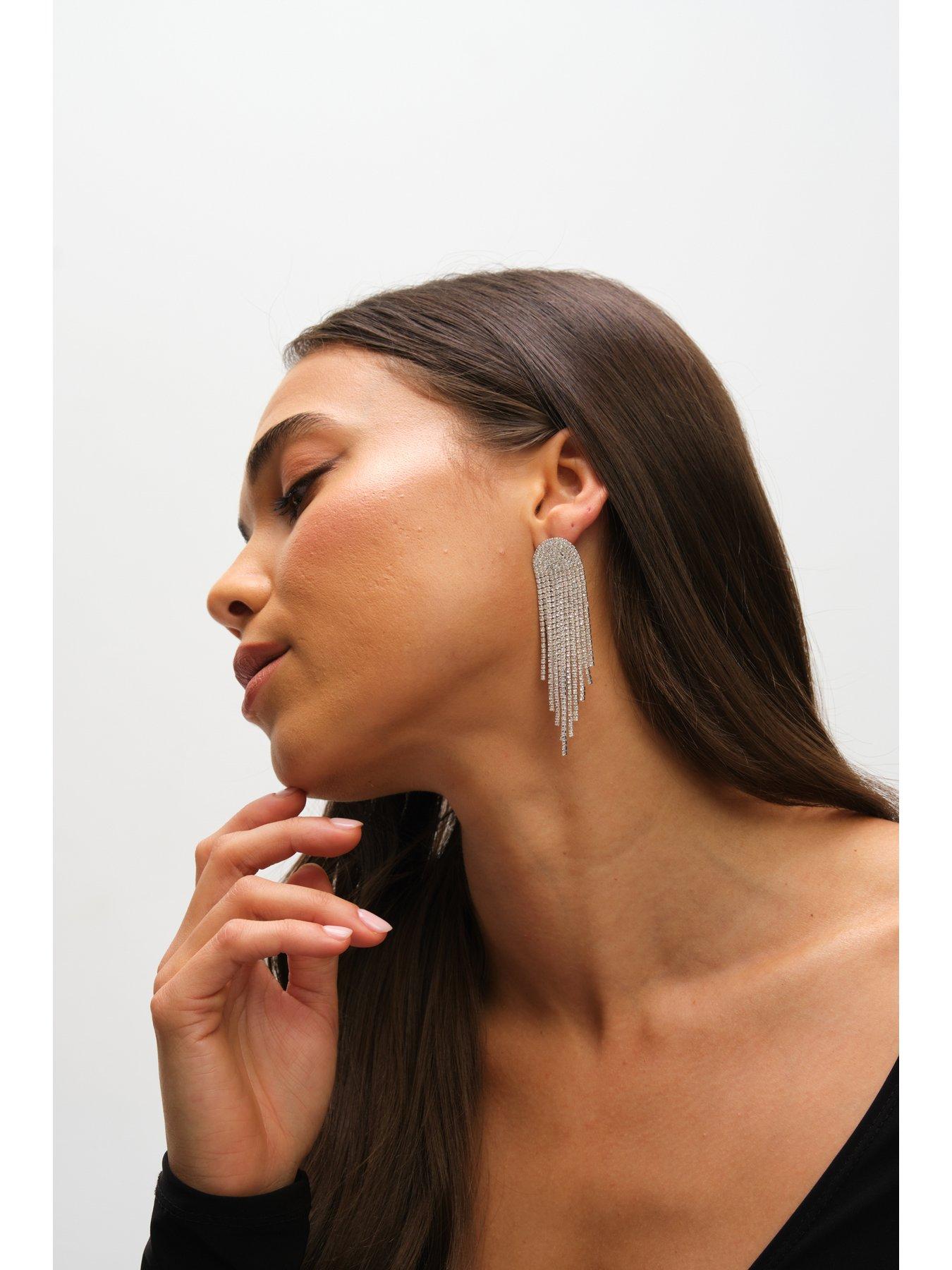 Image 2 of 4 of Mood Silver Crystal Tassel Statement Drop Earrings&nbsp;