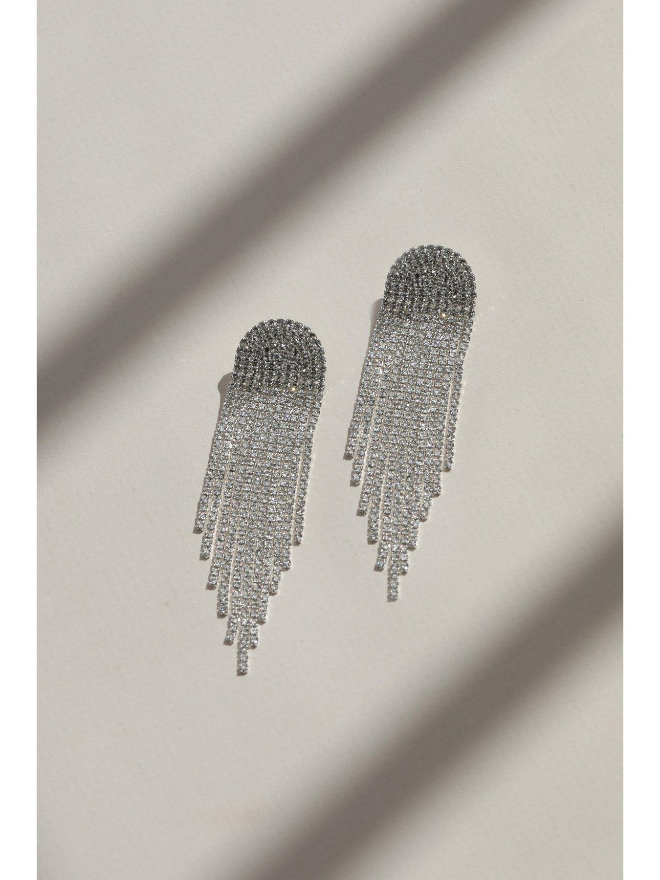 Image 3 of 4 of Mood Silver Crystal Tassel Statement Drop Earrings&nbsp;