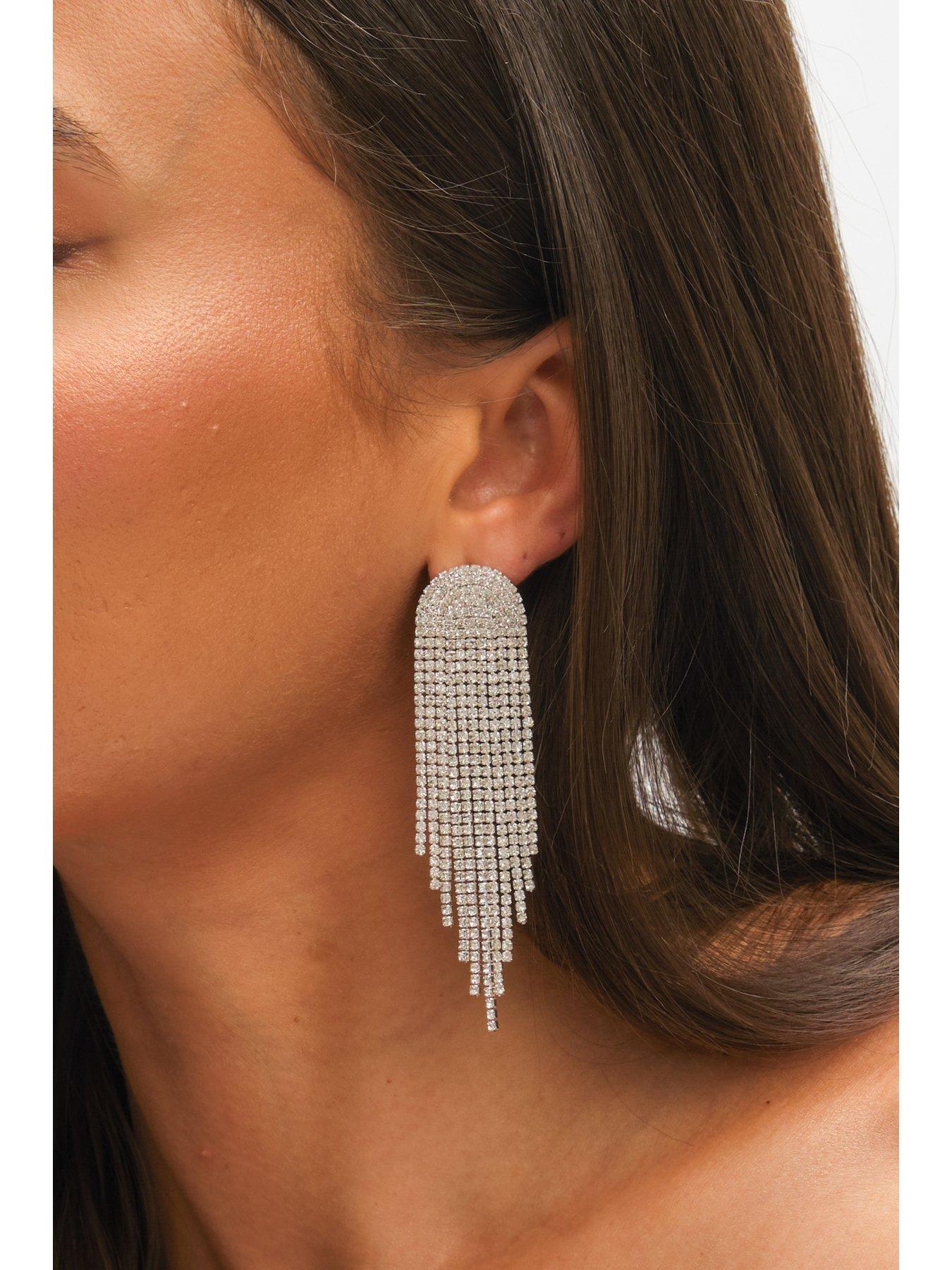 Image 4 of 4 of Mood Silver Crystal Tassel Statement Drop Earrings&nbsp;