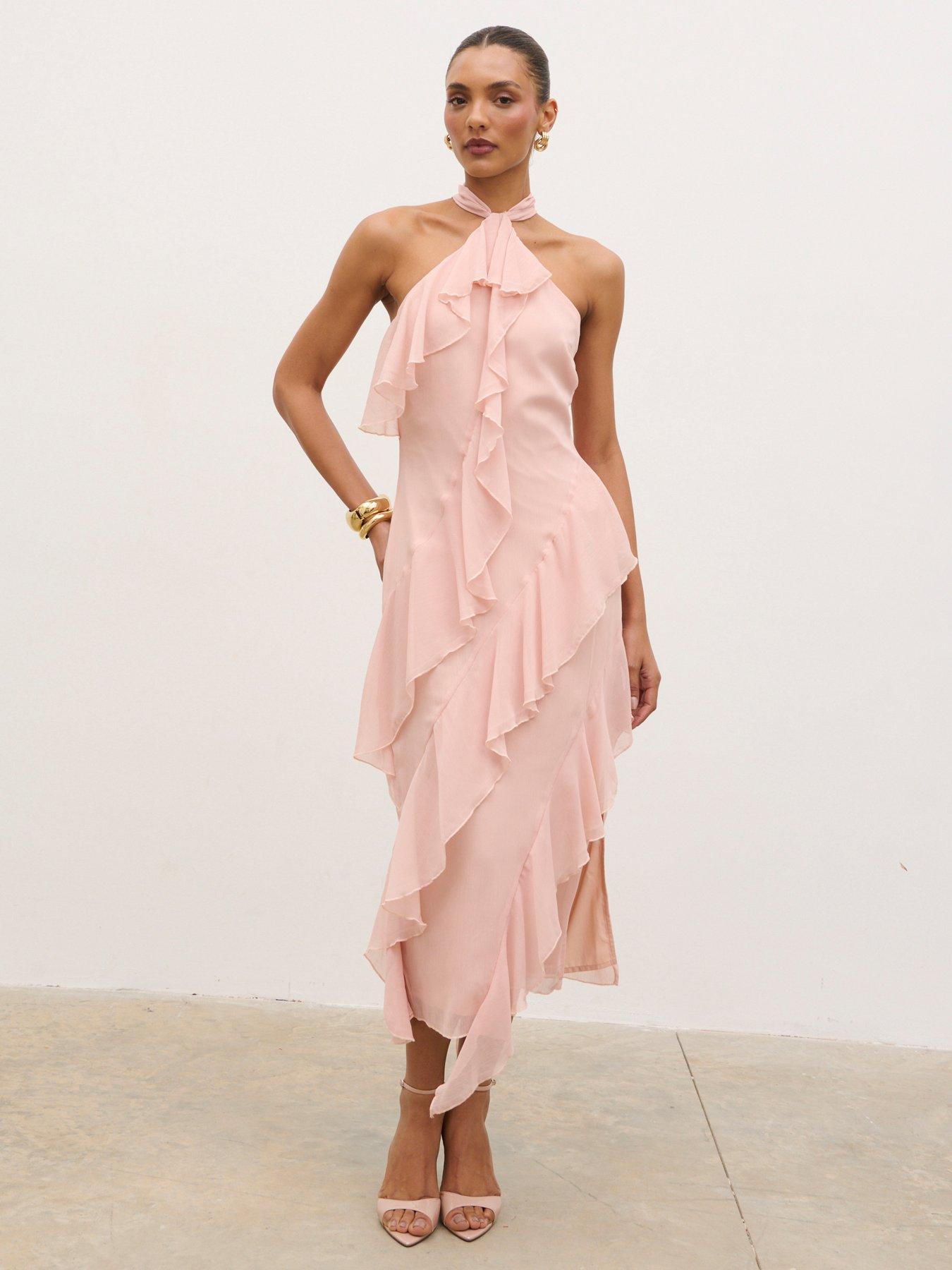 Pretty Lavish Aria Halterneck Ruffle Midaxi - Dusty Rose