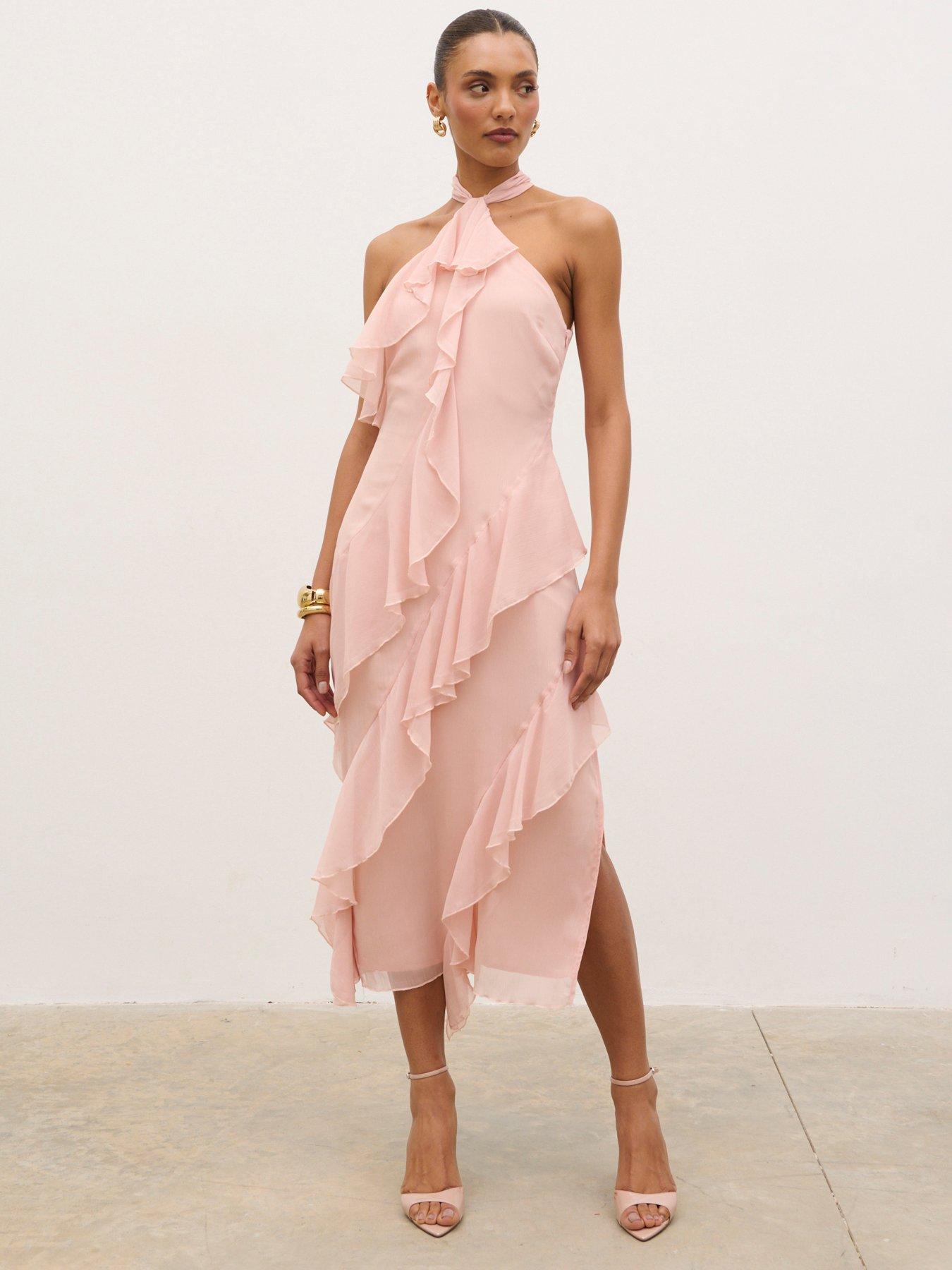 Image 3 of 5 of Pretty Lavish Aria Halterneck Ruffle Midaxi Dress - Pink