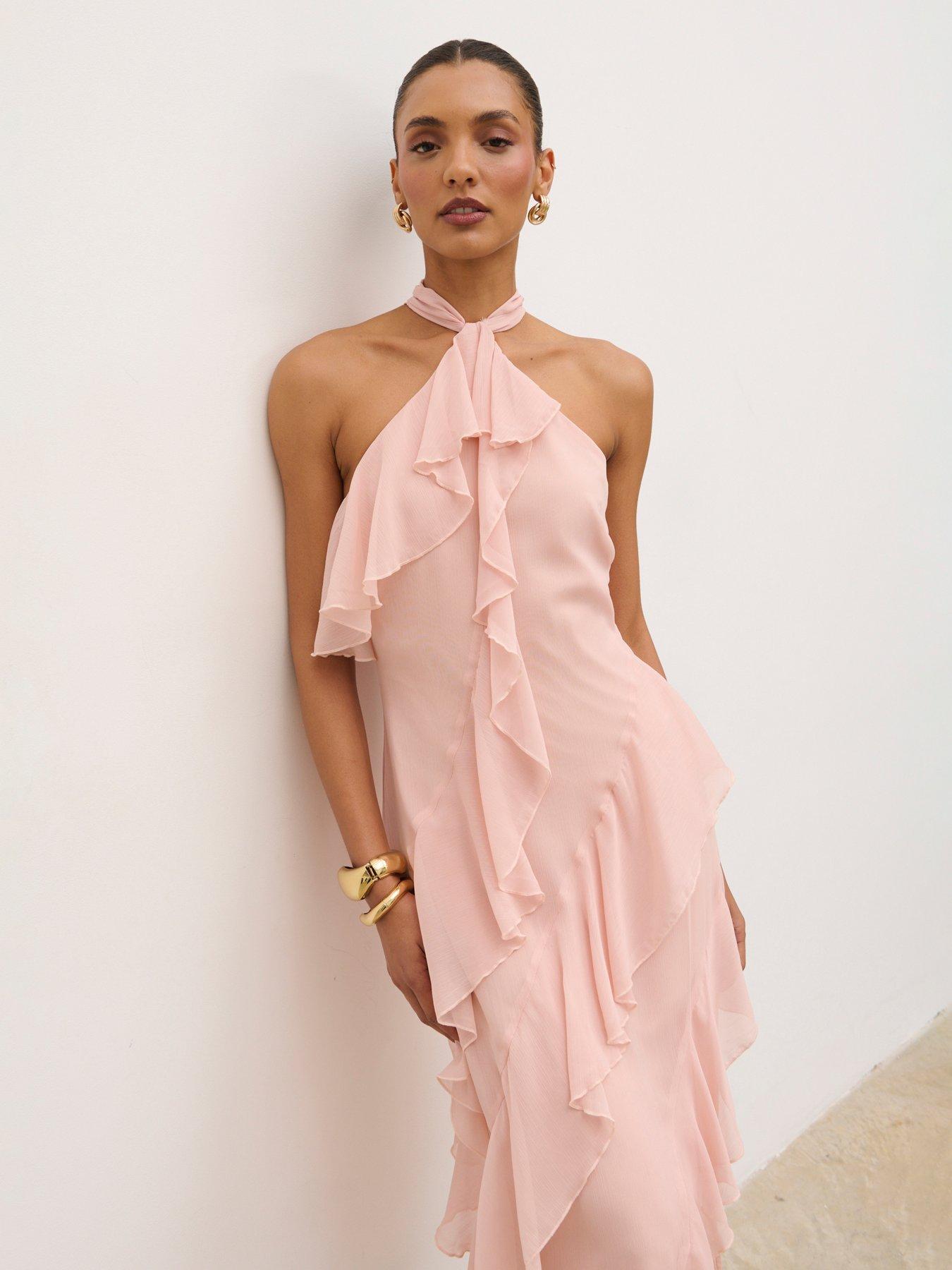 Image 5 of 5 of Pretty Lavish Aria Halterneck Ruffle Midaxi Dress - Pink