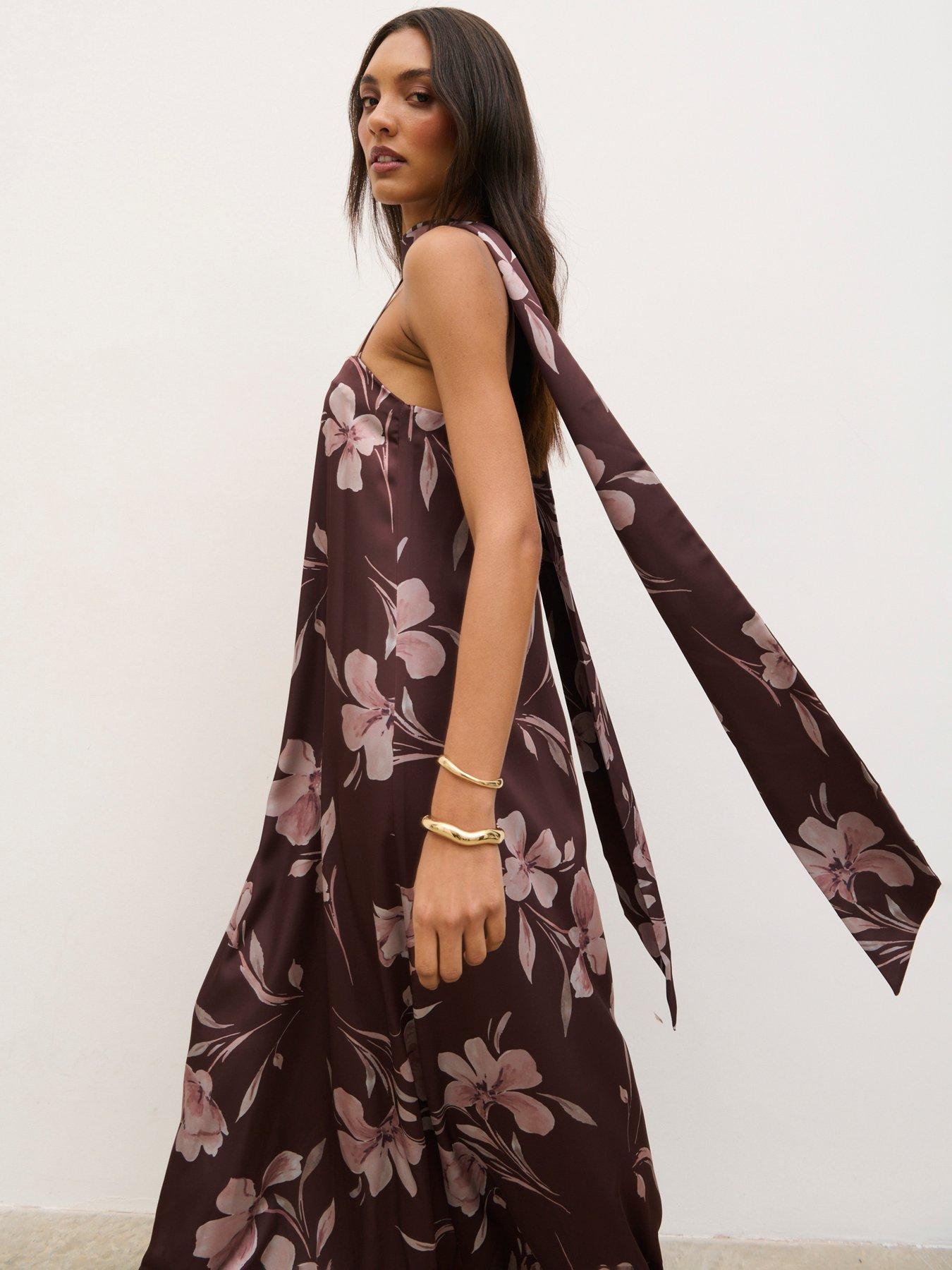 Pretty Lavish Elowen Strappy A-line Maxi Dress- Brown Botanical Lily Floral