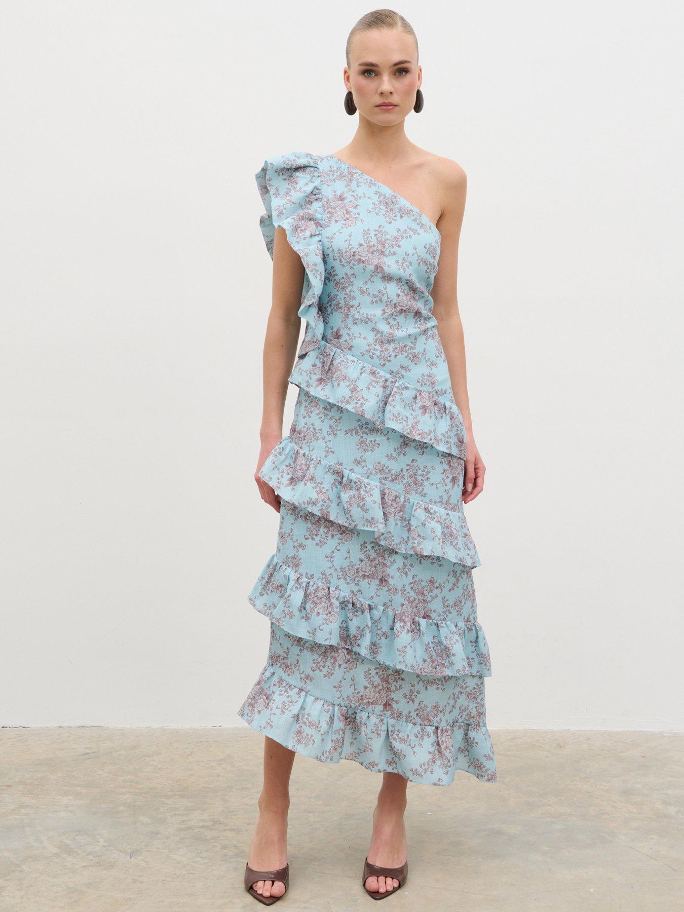 Pretty Lavish Fleur Tiered Frill One Shoulder Midaxi Dress- Seaspray/Brown Floral Print