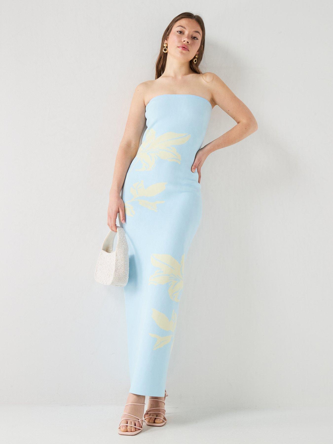 Image 1 of 6 of Pretty Lavish Milena Floral Bandeau Sparkle Knit Maxi Dress - Pastel Tbc