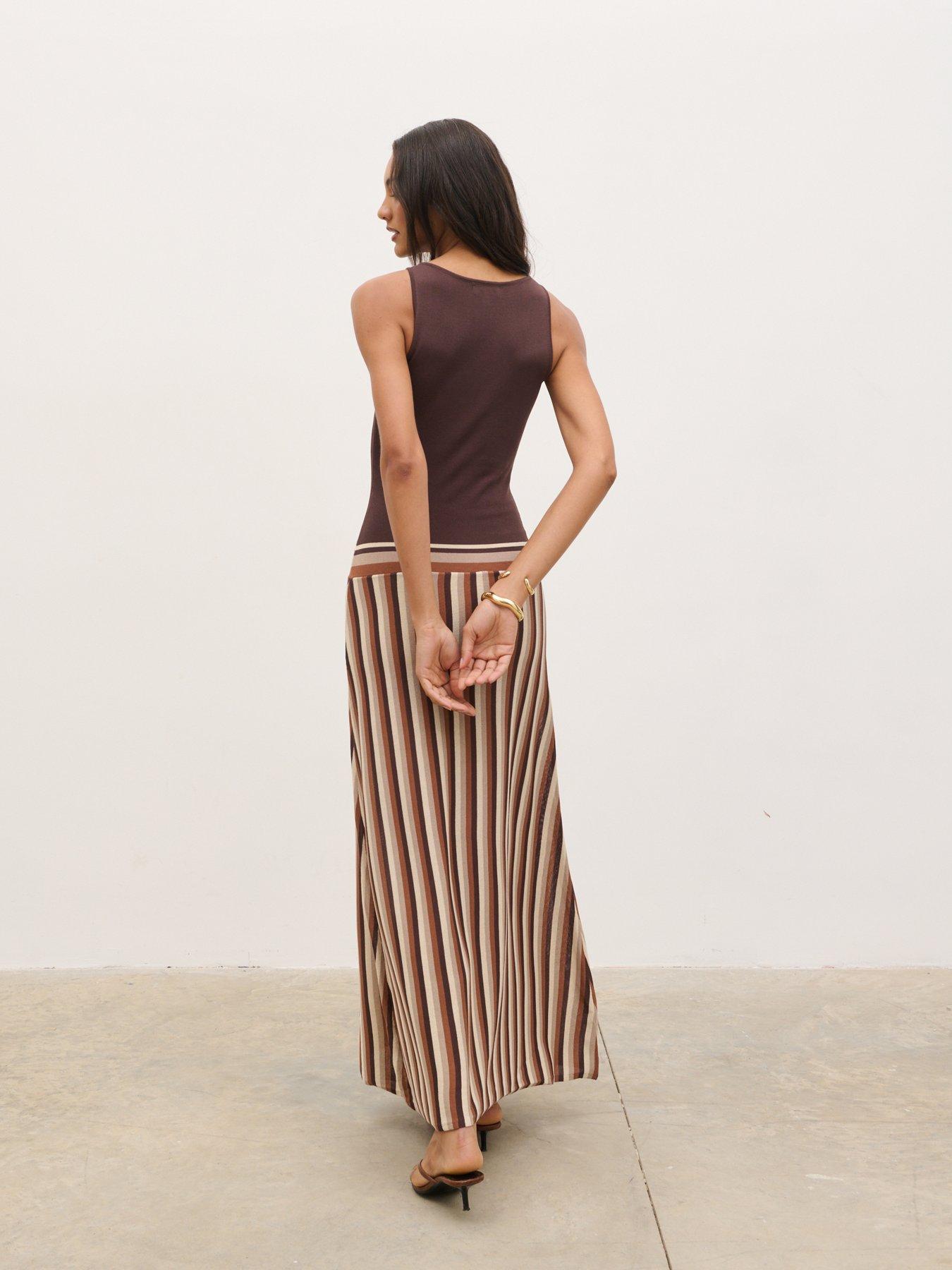 Image 2 of 4 of Pretty Lavish Phoebe Slash Neck Stripe Knit Maxi Dress - Brown