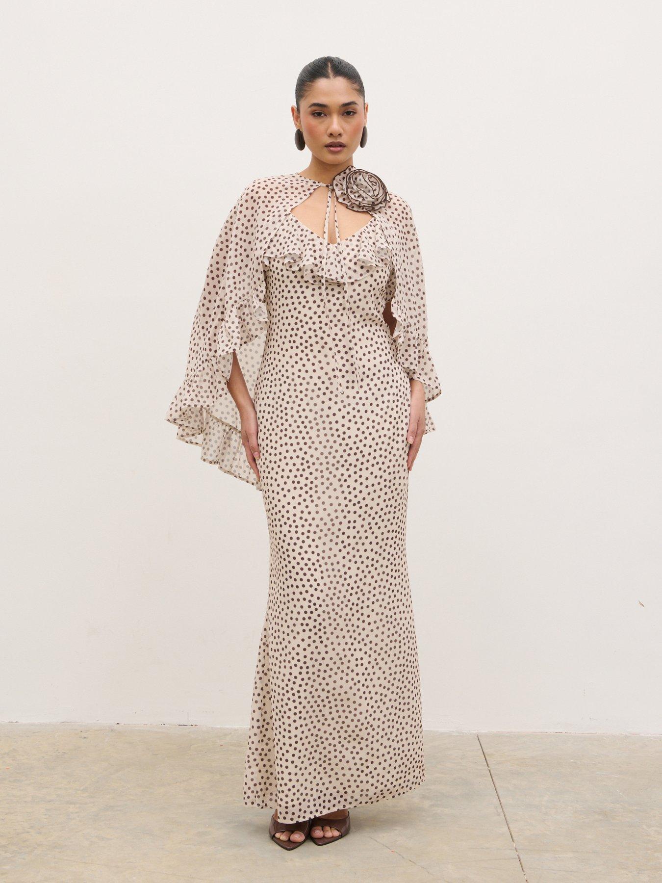 Pretty Lavish Oriana Corsage Cape Maxi Dress - Cream And Brown Polkadot