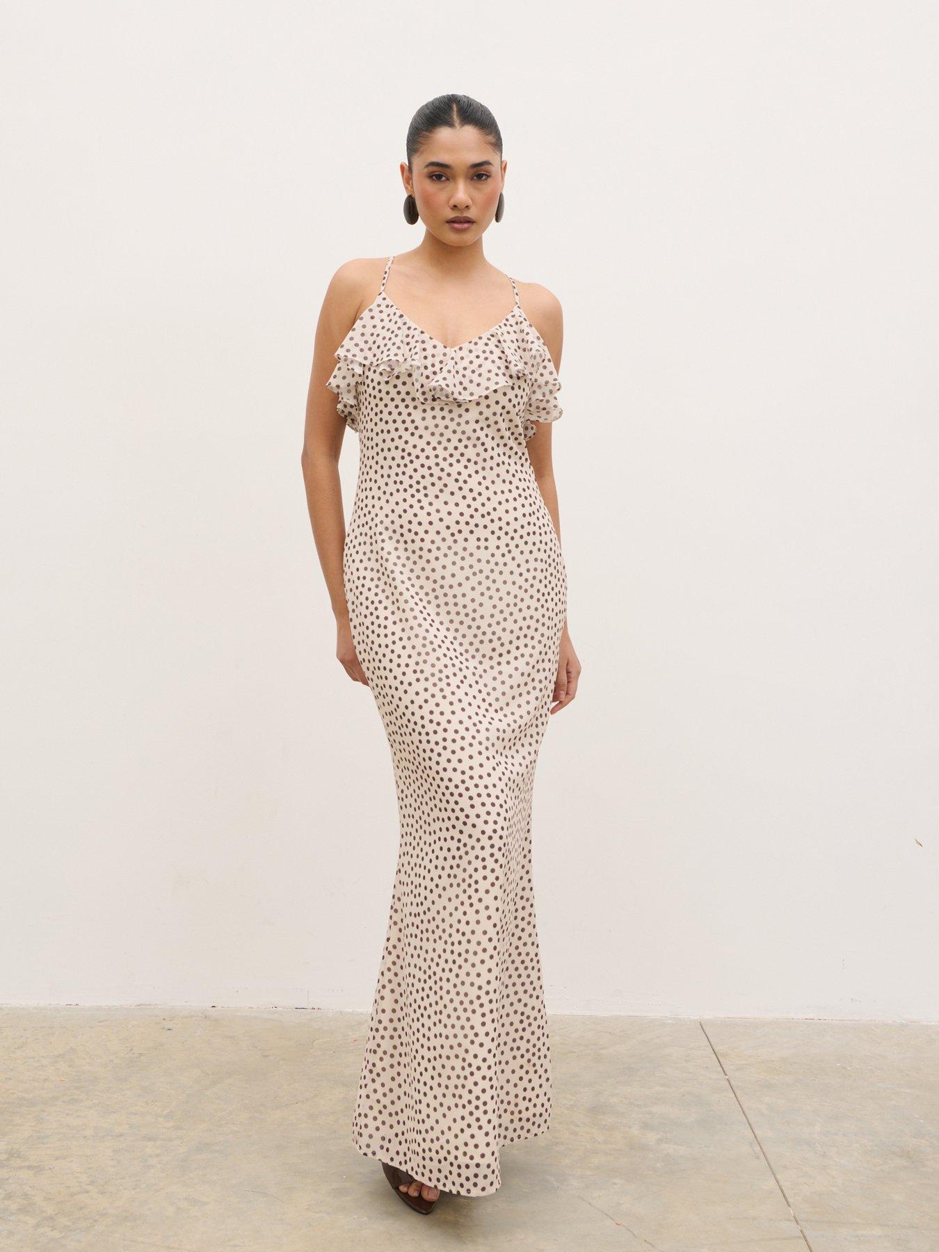 Pretty Lavish Oriana Corsage Cape Maxi Dress - Cream/Brown Polka-Dot Print  | Very