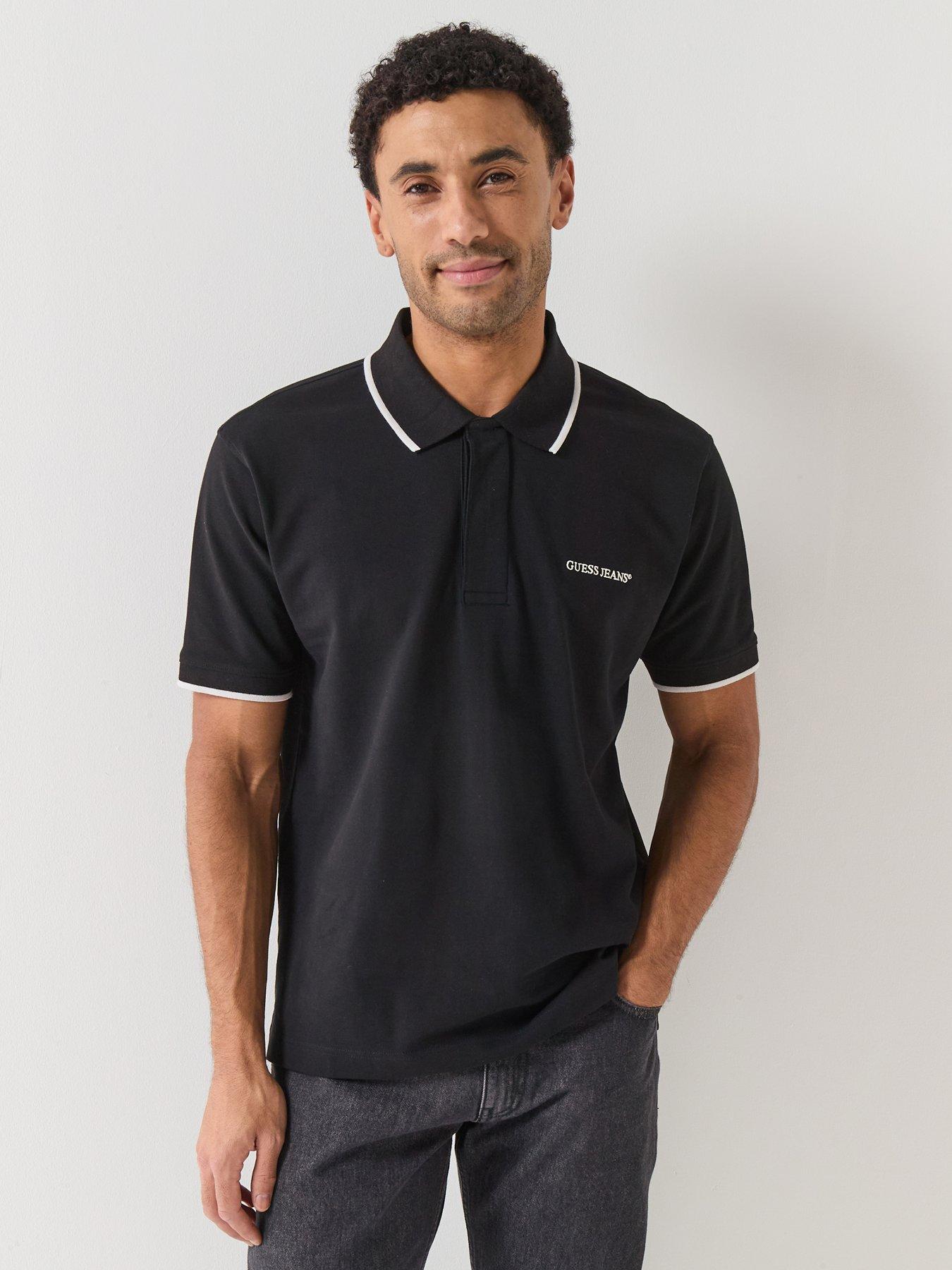 Guess Jeans Tipped Short Sleeve Polo Shirt, Black, Size L, Men