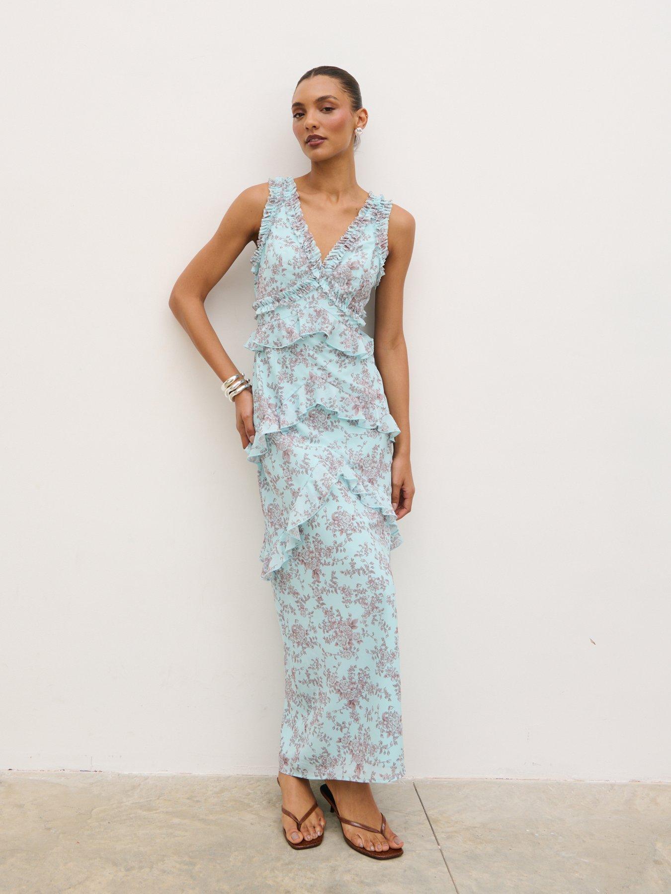 Pretty Lavish Aurelia Ruffle Maxi Dress - Seaspray And Brown Floral