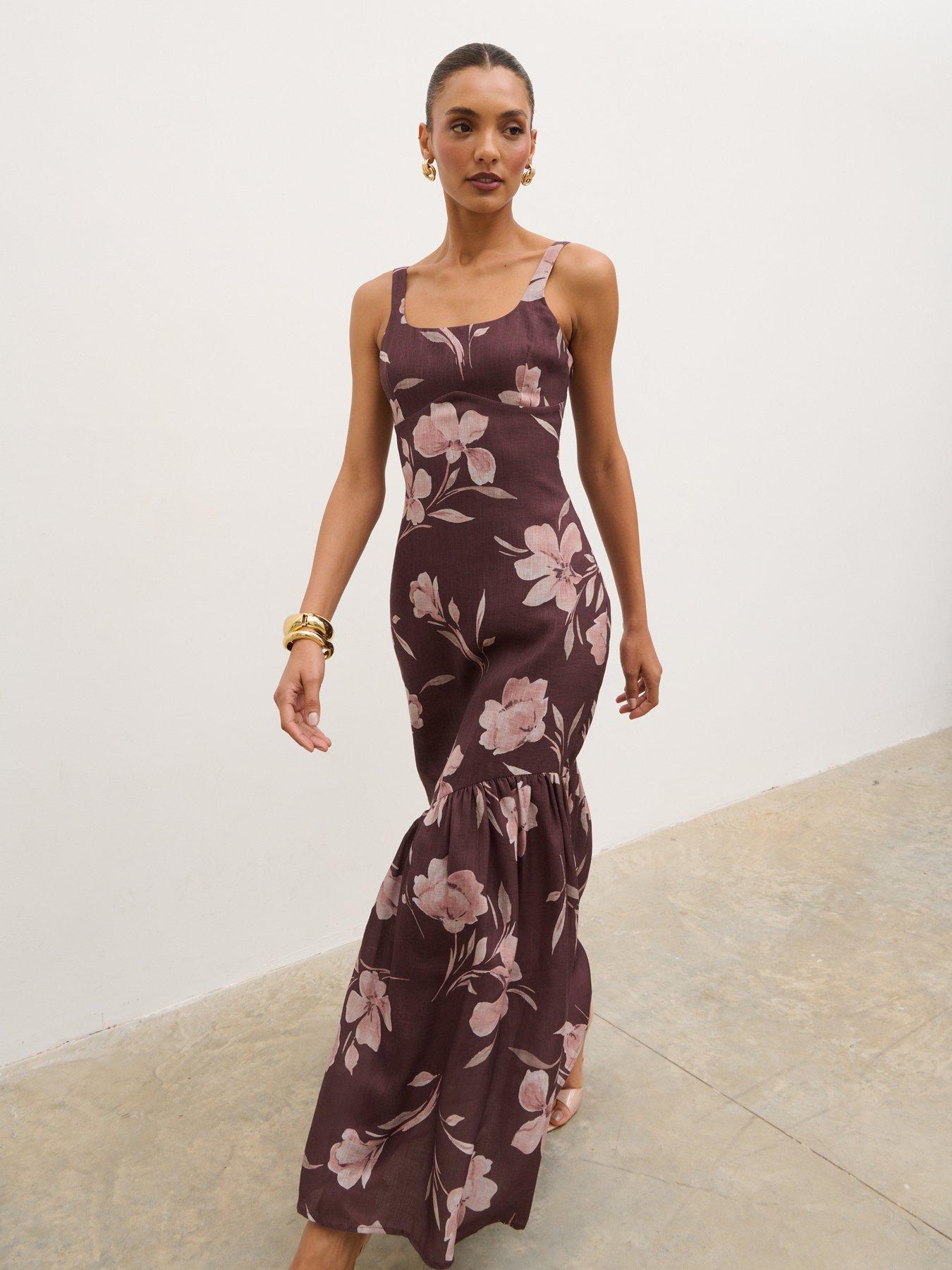 Pretty Lavish Kaia Scoop Neck Printed Frill Maxi Dress - Brown Botanical Lily Floral