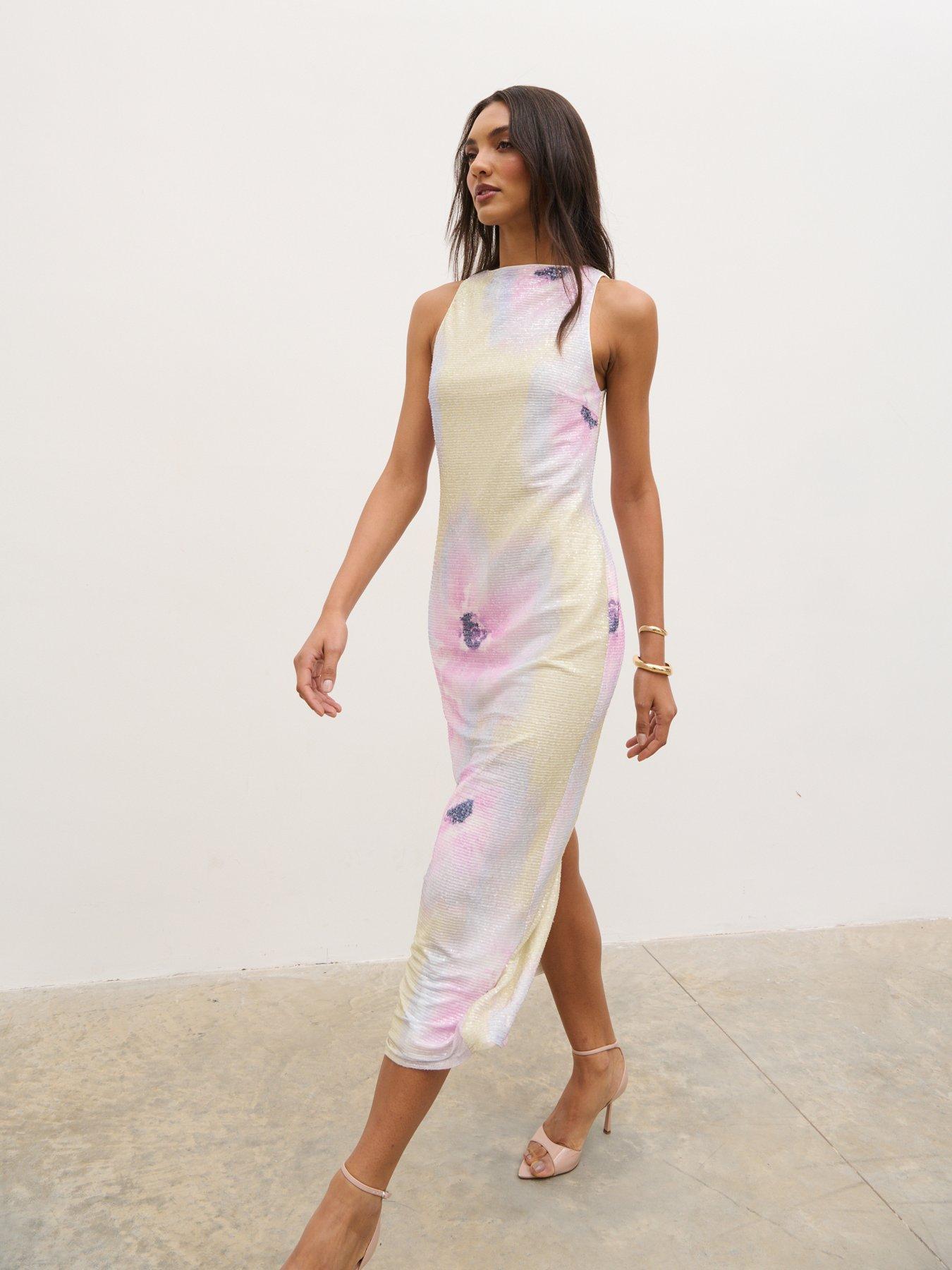 Image 1 of 5 of Pretty Lavish Lilou Printed Sequin Midaxi Dress- Apricot And Lilac Floral - Multi